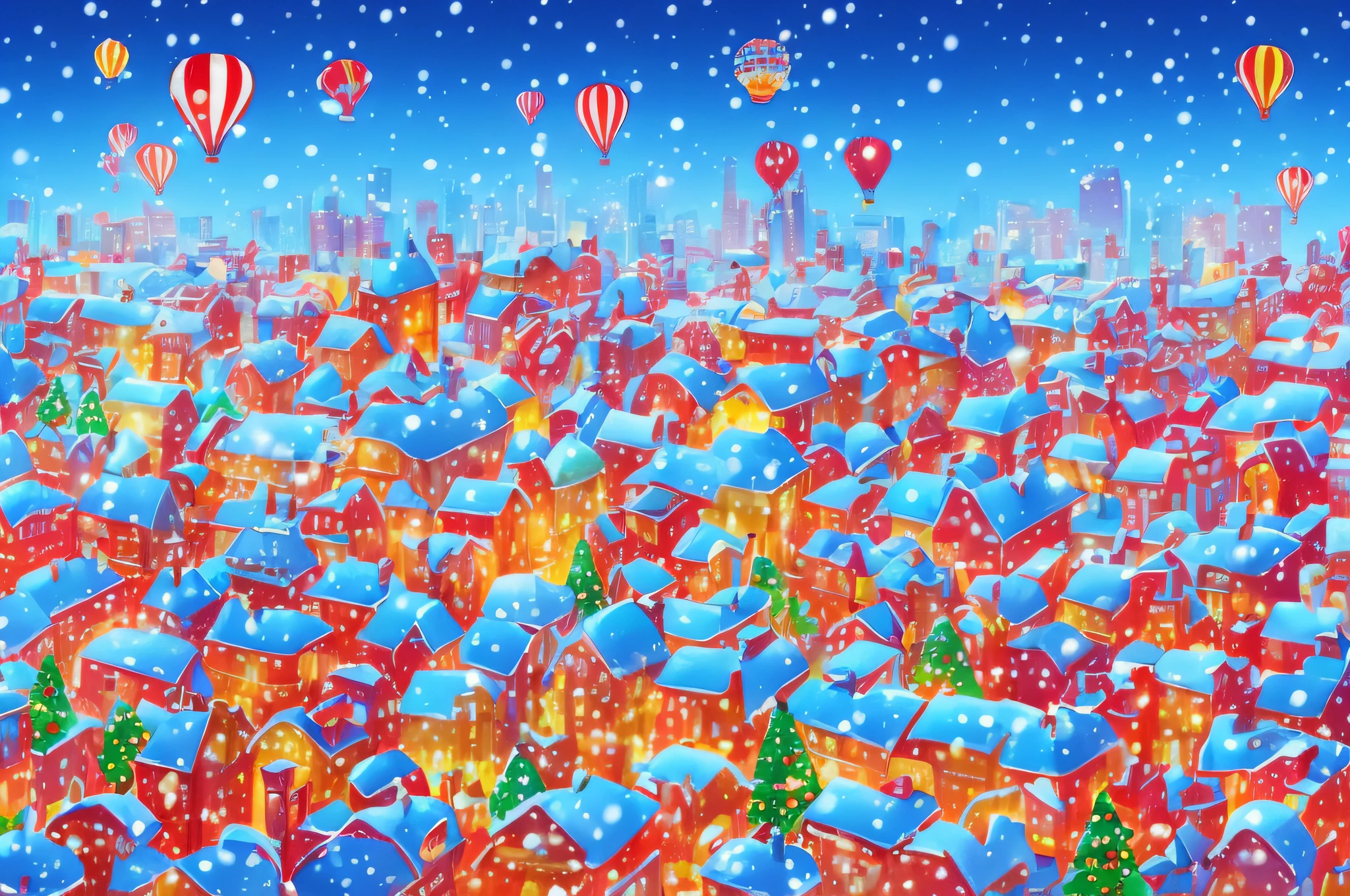 Beautiful, ​masterpiece, Beautiful digital art, colourfull, Beautiful colors, Urban cityscape, Buildings lined up, Winter scenery, It's snowing a little, A little snow falling in the city,  blimp, Christmas Eve, balloons, Smiling person々, carnival day, busy, A lively city, vivid art