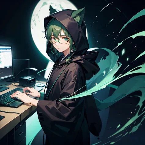 man wearing a deep hood、Dark green kimono-style costume、Operating a computer、Walk in the electronic world、Wearing glasses、Dense background