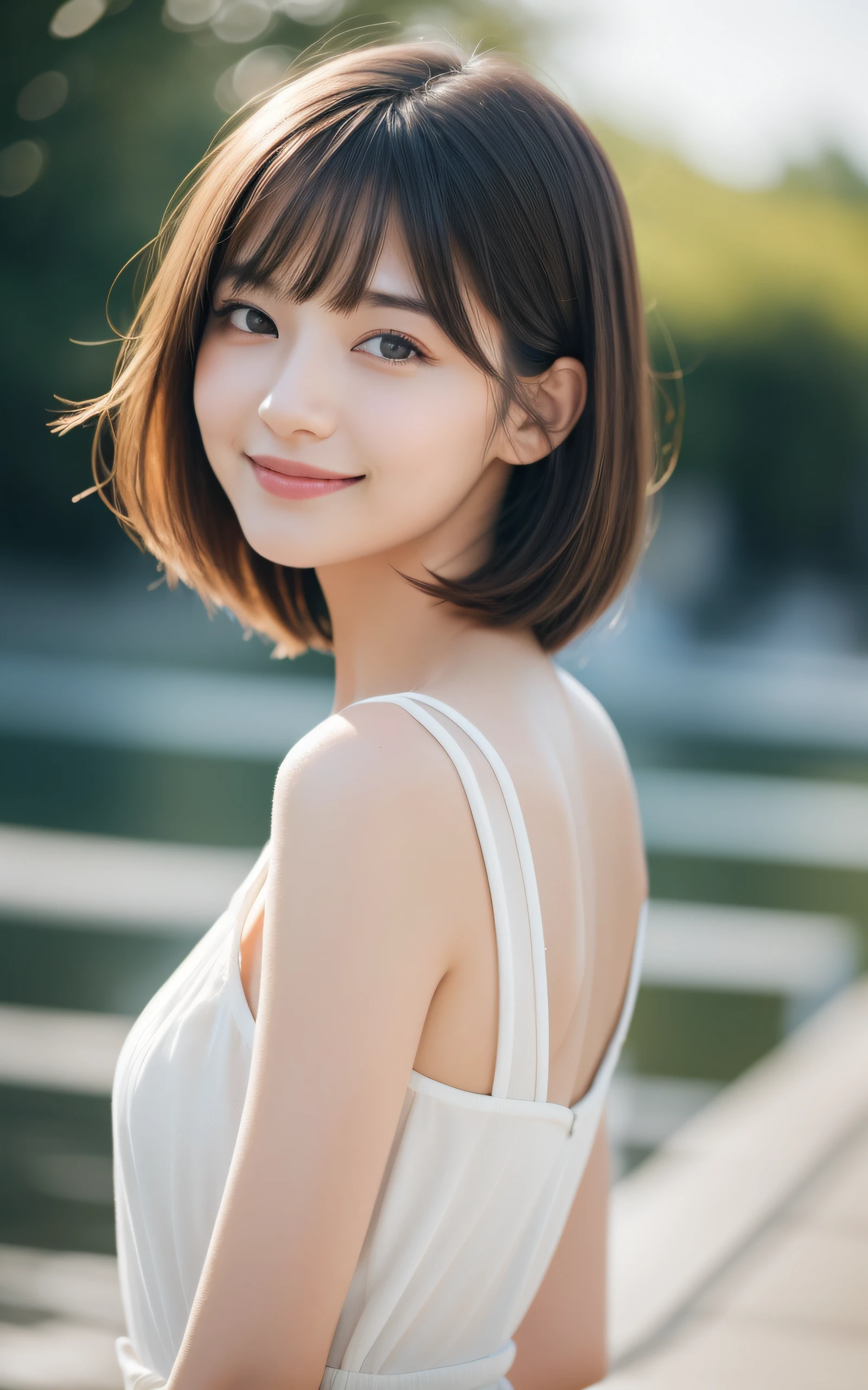 A woman with a short hair and a white dress posing for a picture - SeaArt AI