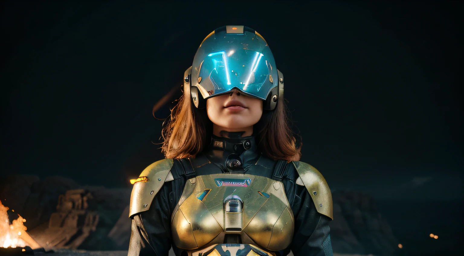 A Robot sexy Girl with helmet and the Rocketeer style, tongs in hands, Tv head, pinhead, Black and Yellow Pink Cyan Rusty, Ambient in a meteorite crater super detailed, center, beautiful, soft lighting, focused on the character, 4K resolution, photorealistic rendering.