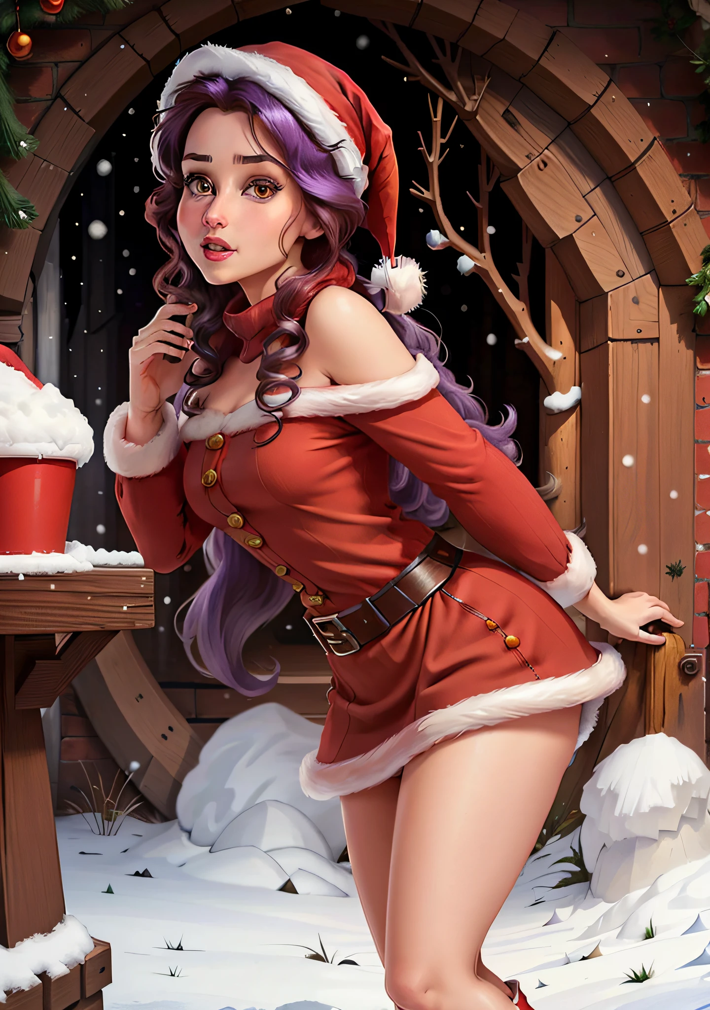 (贝勒韦夫:1), (圣诞老人的红帽子:1.5), 背景上是雪, 惊讶, 可爱的, 可爱的 pose, 看着观众, (发型广场), (紫色头发), (红裙子:1.2), (裸体上的紫色蓬松毛衣:1.2), :d, (实际的: 1), (卡通片), (杰作: 1.2), (最好的质量), (过于详细), (8千, 4K, 错综复杂), (全身照: 1), (牛仔射击: 1.2), (85 毫米), 光粒子, 灯光, (非常详细: 1.2), (细致的脸部: 1.2), (渐变), SFW, 丰富多彩的, (细致的眼睛: 1.2), (详细的冬季景观, 雪树, 花园, 城堡:1.2),(详细背景), 详细景观, (动态角度:1.2), (动态姿势:1.2), (第三规则_作品:1.3), (行动路线:1.2), 视野开阔, 日光, 独自的