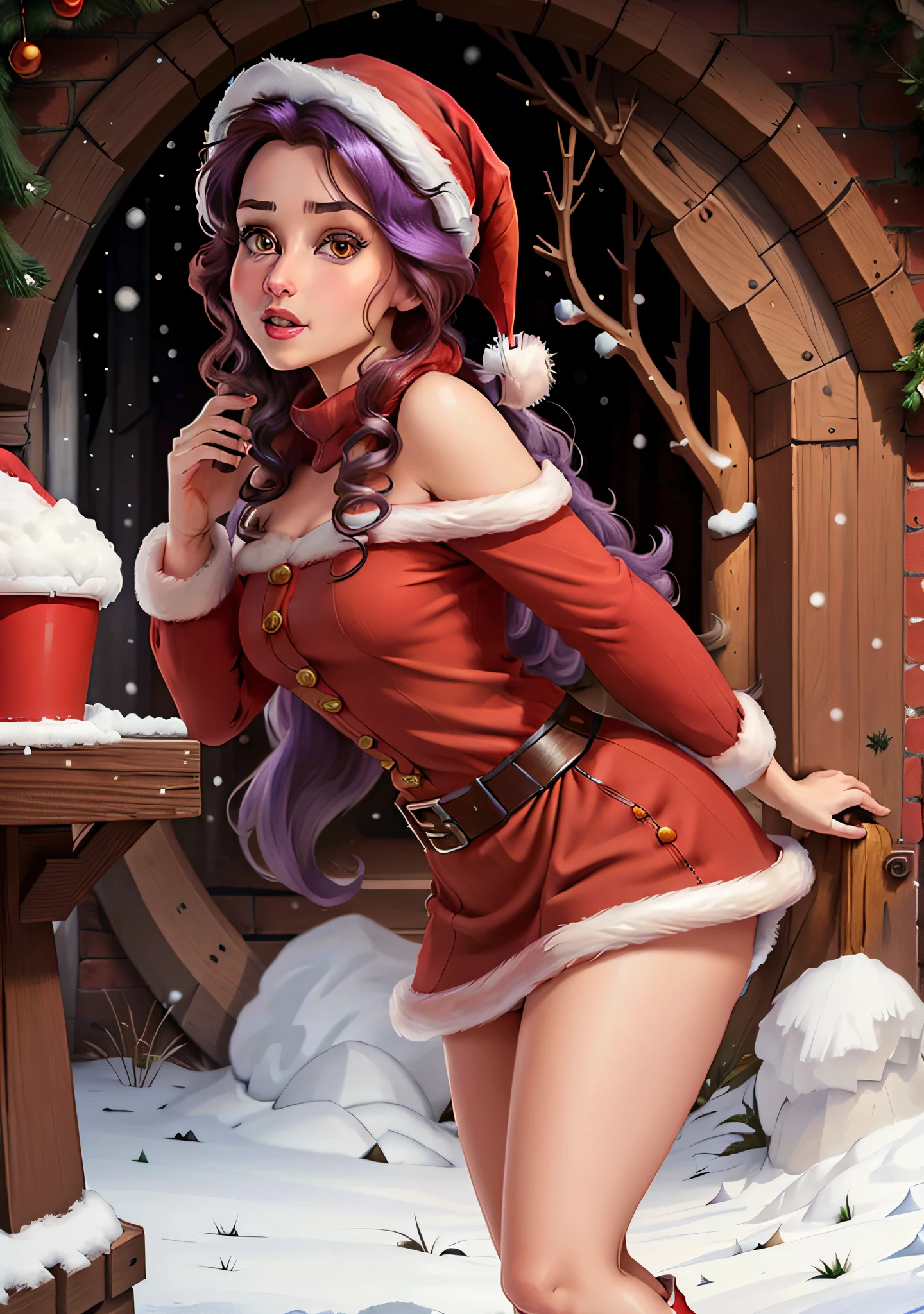 (BellaWaifu:1), (El sombrero rojo de Papá Noel:1.5), nieve en el fondo, sorprendido, lindo, lindo pose, mirando al espectador, (peinado cuadrado), (cabello purpura), (falda roja:1.2), (suéter morado y esponjoso sobre el cuerpo desnudo:1.2), :d, (Realista: 1), (Dibujos animados), (obra maestra: 1.2), (mejor calidad), (demasiado detallado), (8K, 4k, Intrincado), (plano completo: 1), (tiro de vaquero: 1.2), (85 milímetros), partículas de luz, Encendiendo, (Muy detallado: 1.2), (cara detallada: 1.2), (gradientes), SFW, Vistoso, (ojos detallados: 1.2), (paisaje invernal detallado, árboles de nieve, jardín, castillo:1.2),(antecedentes detallados), paisaje detallado, (ángulo dinámico:1.2), (pose dinámica:1.2), (regla tercera_composición:1.3), (Línea de acción:1.2), vista amplia, luz, solo