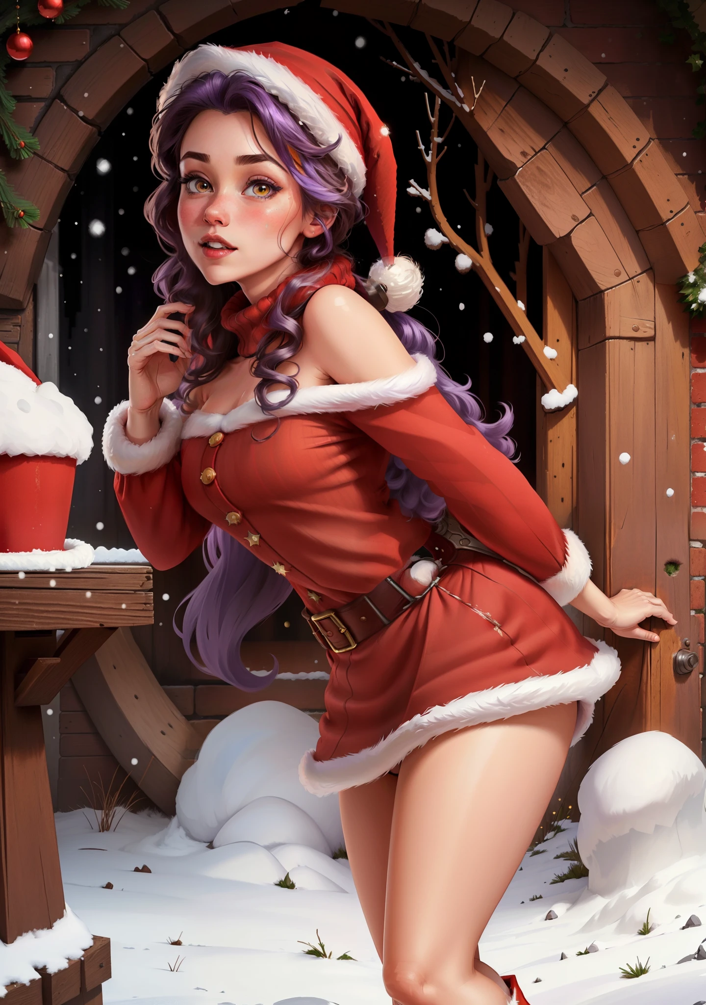 (BelleWaifu:1), (Le chapeau rouge du Père Noël:1.5), neige en arrière-plan, Surpris, Mignon, Mignon pose, Regarder le spectateur, (carré de coiffure), (cheveux violets), (jupe rouge:1.2), (pull violet moelleux sur le corps nu:1.2), :D, (Réaliste: 1), (dessin animé), (chef-d&#39;œuvre: 1.2), (Meilleure qualité), (trop détaillé), (8k, 4k, complexe), (Prise de vue en pied: 1), (tir de cow-boy: 1.2), (85 millimètres), particules légères, éclairage, (très détaillé: 1.2), (Visage détaillé: 1.2), (dégradés), SFW, Coloré, (yeux détaillés: 1.2), (paysage d&#39;hiver détaillé, arbres de neige, jardin, château:1.2),(contexte détaillé), paysage détaillé, (Angle dynamique:1.2), (pose dynamique:1.2), (règle troisième_Composition:1.3), (Ligne d&#39;action:1.2), grand angle de vue, lumière du jour, seulement