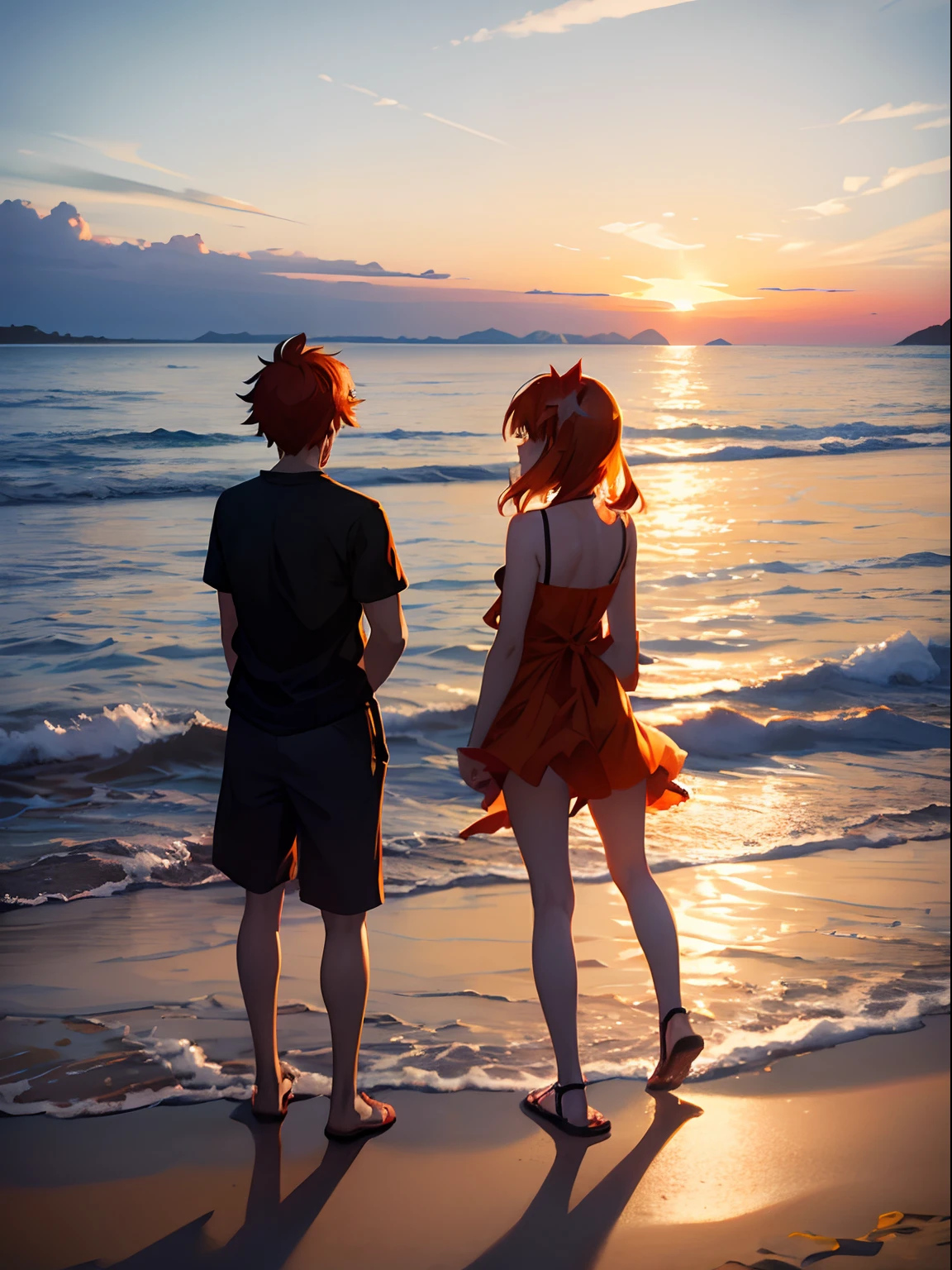 Pareja de anime parada en la playa al atardecer mirando el océano - SeaArt  AI