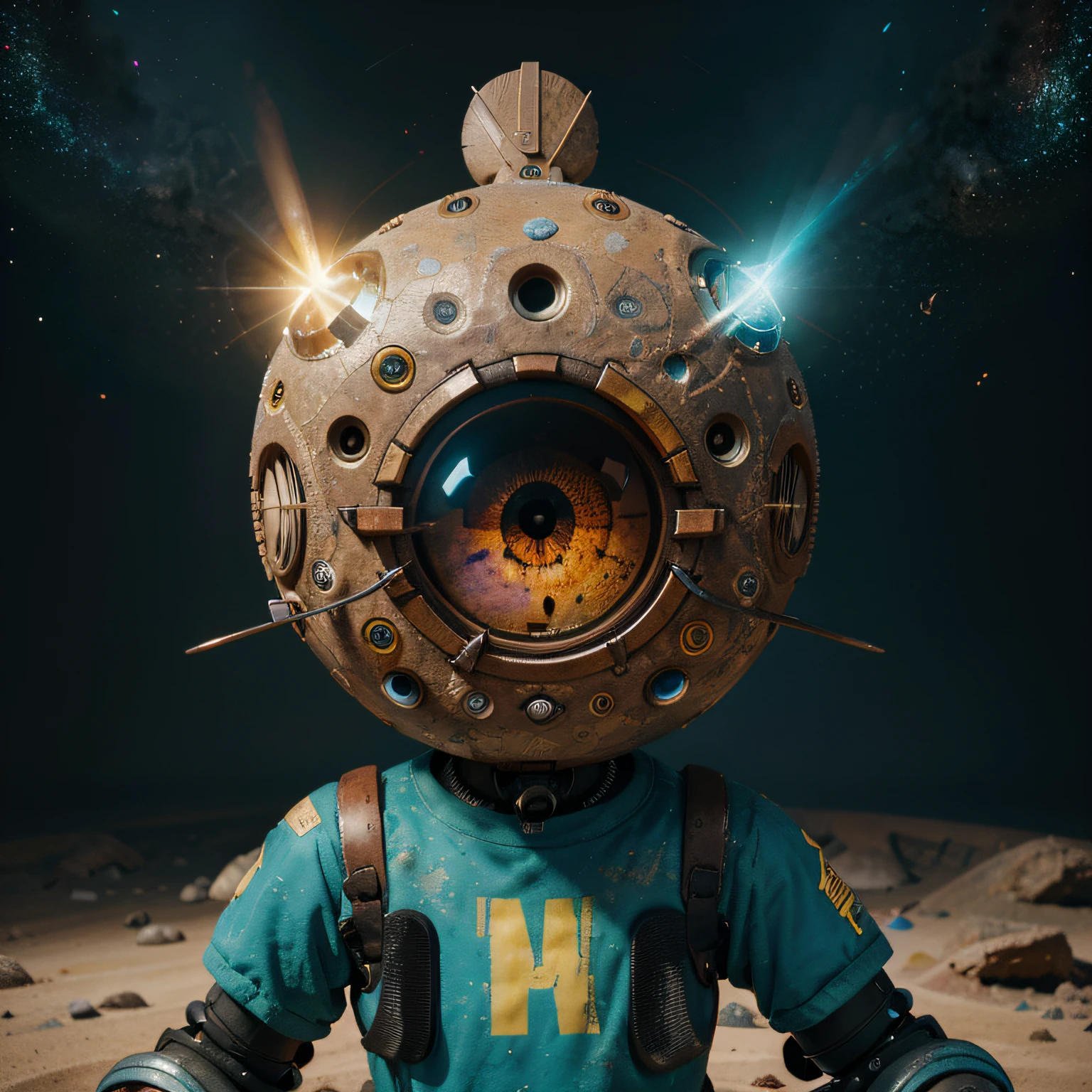 A toon Crazy Only Eye Robot, tongs in hands, Tv head, pinhead, Yellow Pink Cyan Rusty, Ambient in a meteorite crater super detailed, center, beautiful, soft lighting, focused on the character, 4K resolution, photorealistic rendering,