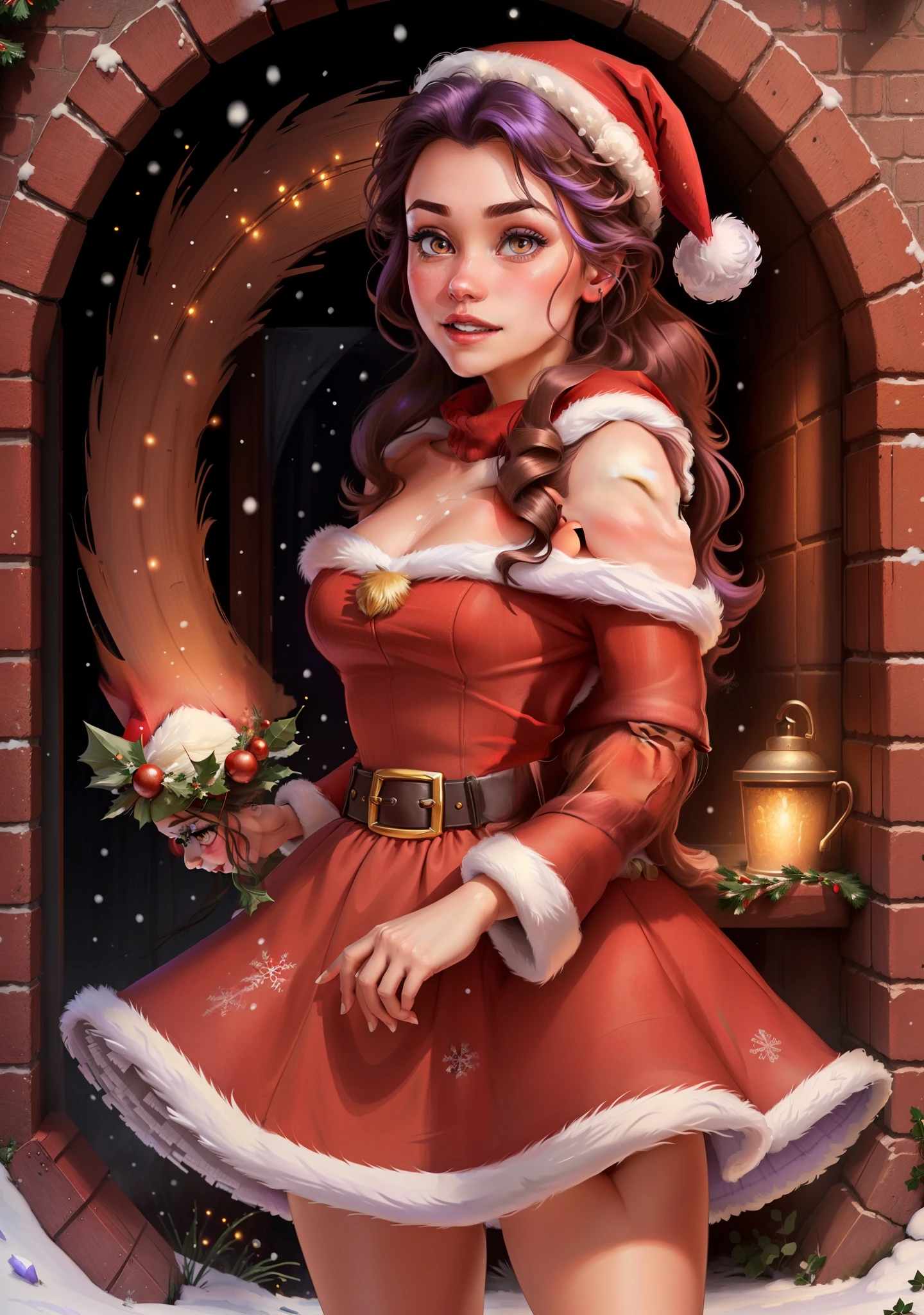 (BelleWaifu:1), (Santa Claus's red hat:1.5), snow on the background, surprised, cute, cute pose, looking at the viewer, (hairstyle square), (purple hair), (red skirt:1.2), (purple fluffy sweater on the naked body:1.2), :D, (realistic: 1), (cartoon), (masterpiece: 1.2), (best quality), (over-detailed), (8k, 4k, intricate), (full-length shot: 1), (cowboy shot: 1.2), (85 mm), light particles, lighting, (very detailed: 1.2), (detailed face: 1.2), (gradients), sfw, colorful, (detailed eyes: 1.2), (detailed winter landscape, snow trees, garden, castle:1.2),(detailed background), detailed landscape, (dynamic angle:1.2), (dynamic pose:1.2), (rule third_composition:1.3), (line of action:1.2), wide view, daylight, solo