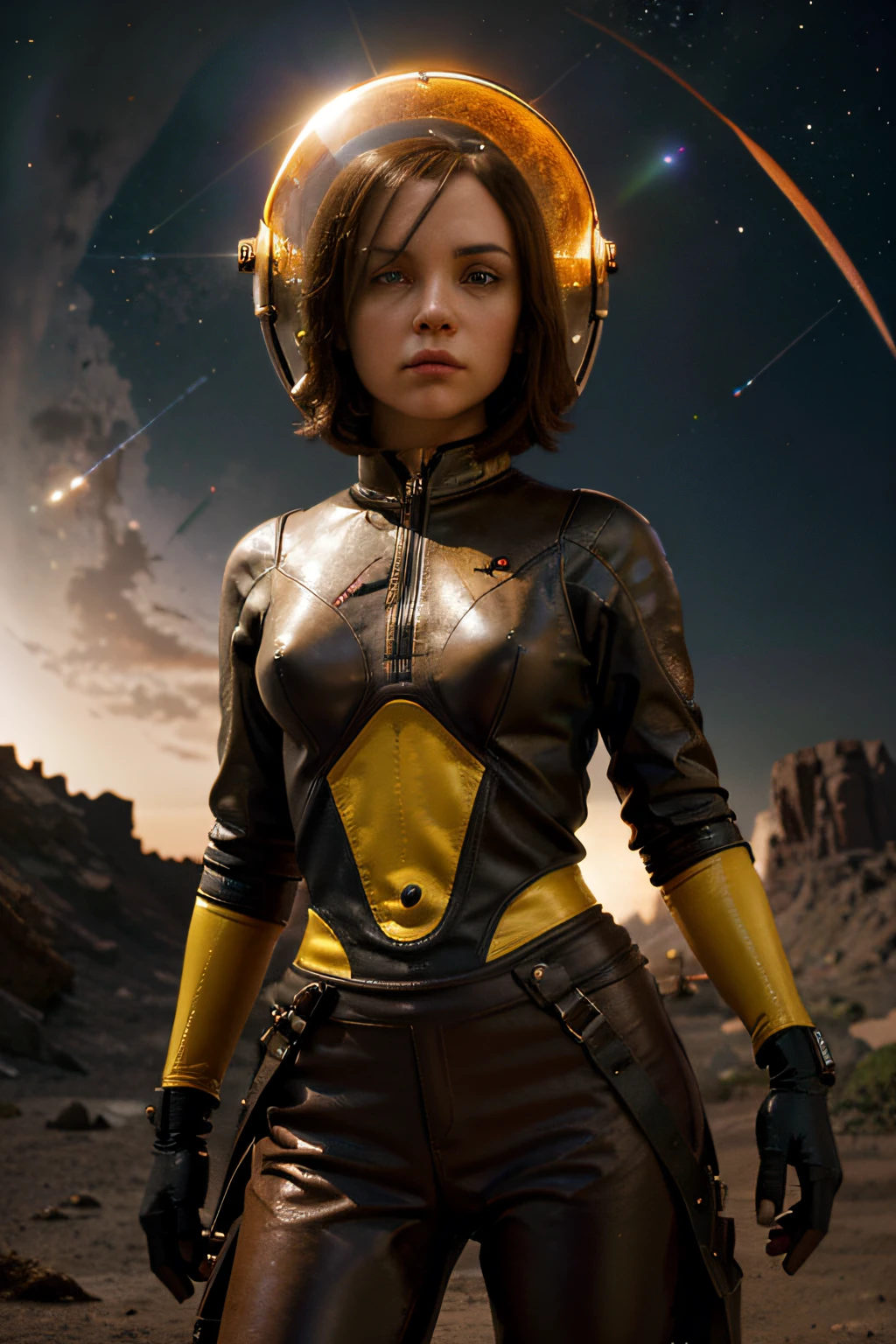 A Cracy Toon Rocketeer Space Girl like Christina Ricci, tongs in hands, Tv head, pinhead, Red Yellow Rusty, Ambient in a meteorite crater super detailed, center, beautiful, soft lighting, focused on the character, 4K resolution, photorealistic rendering,