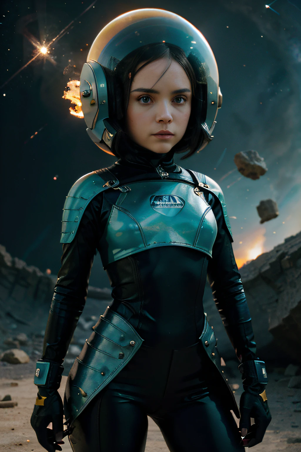 A Cracy Toon Rocketeer Space Girl like Christina Ricci with helmet, tongs in hands, Tv head, pinhead, Black and Yellow Pink Cyan Rusty, Ambient in a meteorite crater super detailed, center, beautiful, soft lighting, focused on the character, 4K resolution, photorealistic rendering,