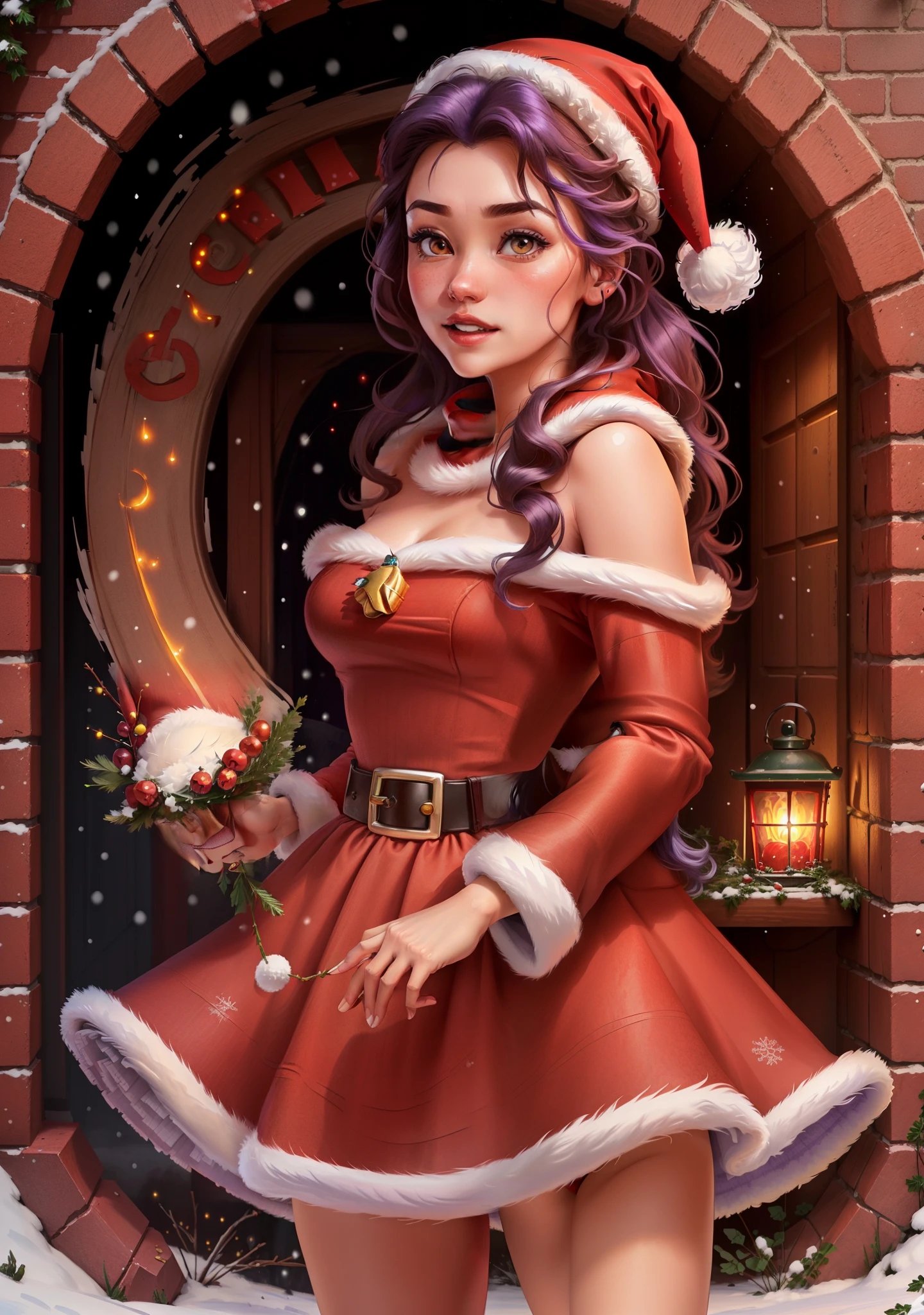 (BelleWaifu:1), (red santa claus hat:1.5), Snow in the background, Surprised, Cute, cute pose, looking at the viewer, (Square hairstyle), (purple hair), (red skirt:1.2), (purple fluffy sweater on a naked body:1.2), :d, (Realistic: 1), (cartoony), (Masterpiece: 1.2), (Best Quality), (over-detailed), (8k, 4K, Intricate), (full-body shooting: 1), (Cowboy shot: 1.2), (85 mm), light particles, illumination, (Very detailed: 1.2), (detailed Face: 1.2), (gradients), SFW, Colorful, (Detailed eyes: 1.2), (detailed winter landscape, snowy trees, garden, lock:1.2),(detailed background), detailed landscape, (dynamic Angle:1.2), (dynamicpose:1.2), (rule three_composition:1.3), (line of action:1.2), wide view, day light, solo