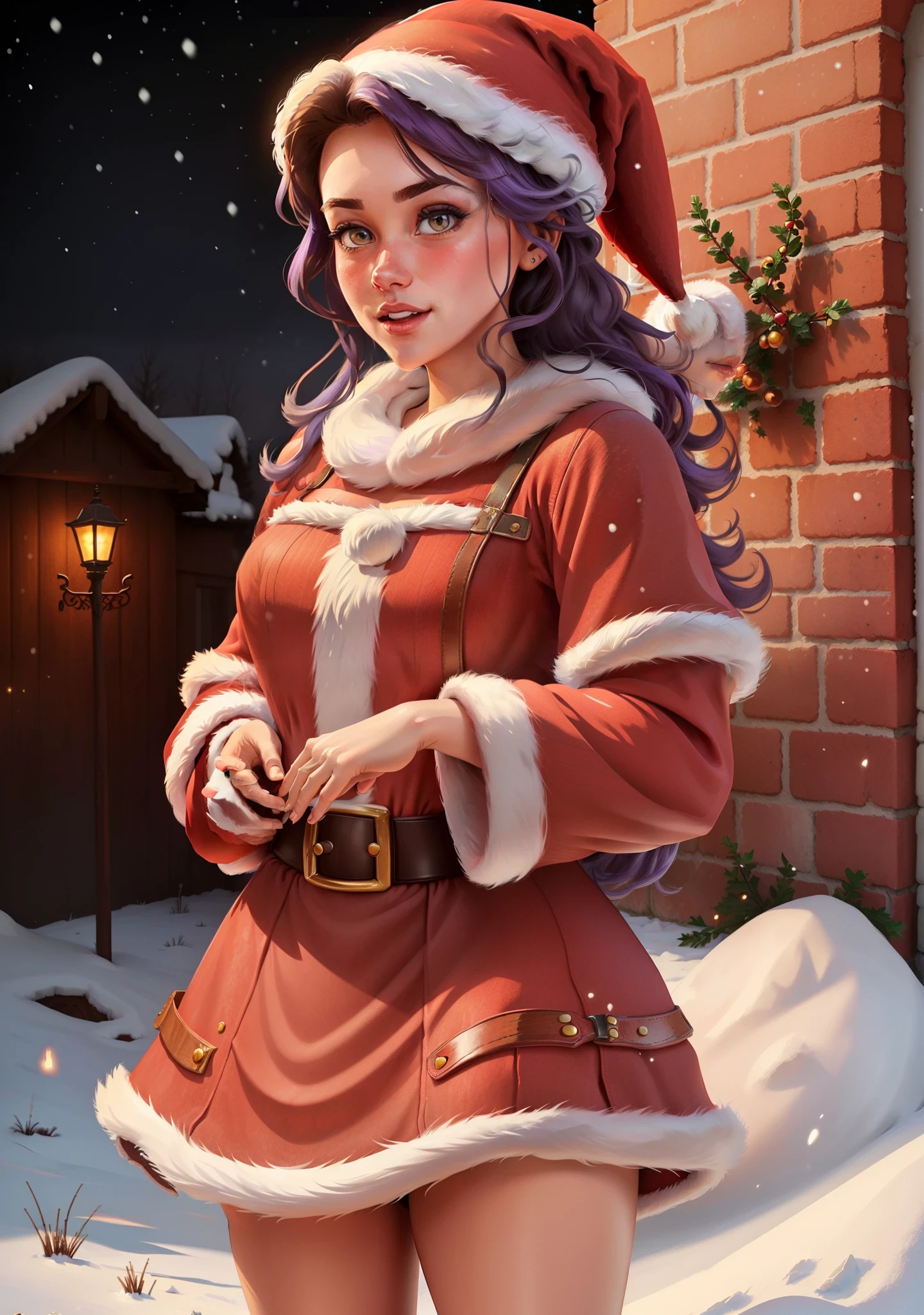 (BelleWaifu:1), (Santa Claus's red hat:1.5), snow on the background, surprised, cute, cute pose, looking at the viewer, (hairstyle square), (purple hair), (red skirt:1.2), (purple fluffy sweater on the naked body:1.2), :D, (realistic: 1), (cartoon), (masterpiece: 1.2), (best quality), (over-detailed), (8k, 4k, intricate), (full-length shot: 1), (cowboy shot: 1.2), (85 mm), light particles, lighting, (very detailed: 1.2), (detailed face: 1.2), (gradients), sfw, colorful, (detailed eyes: 1.2), (detailed winter landscape, snow trees, garden, castle:1.2),(detailed background), detailed landscape, (dynamic angle:1.2), (dynamic pose:1.2), (rule third_composition:1.3), (line of action:1.2), wide plan, daylight, solo, FIVE FINGERS, RIGHT HANDS, FEMALE HANDS
