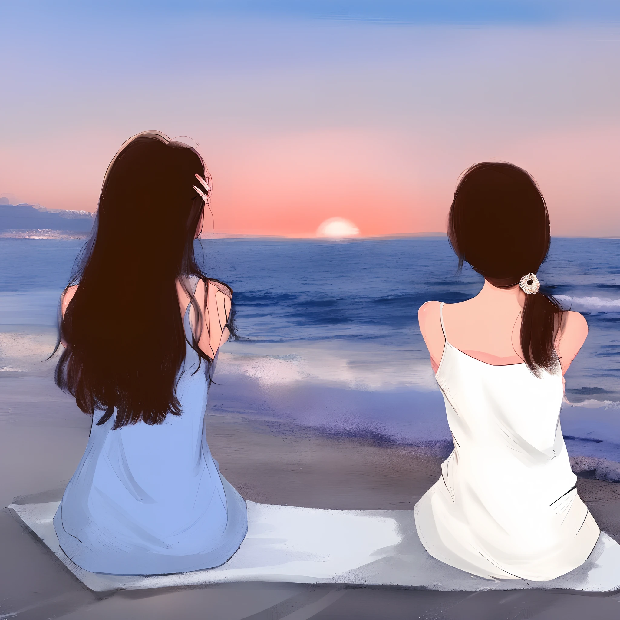 Two women sitting on the beach watching the sunset, beautiful painting of friends, With the setting sun, watching the sunset, Watching the sun set. japanese manga, at beach at sunset, at the beach on a sunset, watching the sunset, With the setting sun, sitting in beach, twogirls, On the beach at sunset, digital art picture, on the beach during sunset
