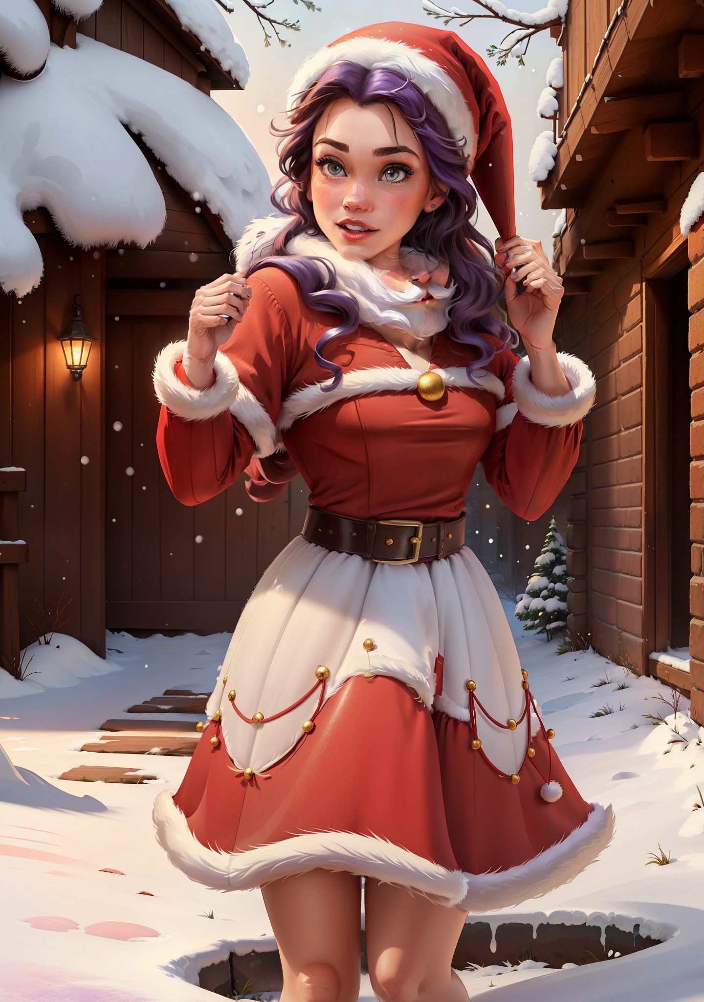 (BelleWaifu:1), (Santa Claus's red hat:1.5), snow on the background, surprised, cute, cute pose, (posing sexually:1) looking at the viewer, (hairstyle square), (purple hair), (red skirt:1.2), (purple fluffy sweater on the naked body:1.2), :D, (realistic: 1), (cartoon), (masterpiece: 1.2), (best quality), (over-detailed), (8k, 4k, intricate), (full-length shot: 1), (cowboy shot: 1.2), (85 mm), light particles, lighting, (very detailed: 1.2), (detailed face: 1.2), (gradients), sfw, colorful, (detailed eyes: 1.2), (detailed winter landscape, snow trees, garden, castle:1.2),(detailed background), detailed landscape, (dynamic angle:1.2), (dynamic pose:1.2), (rule third_composition:1.3), (line of action:1.2), wide view, daylight, solo,