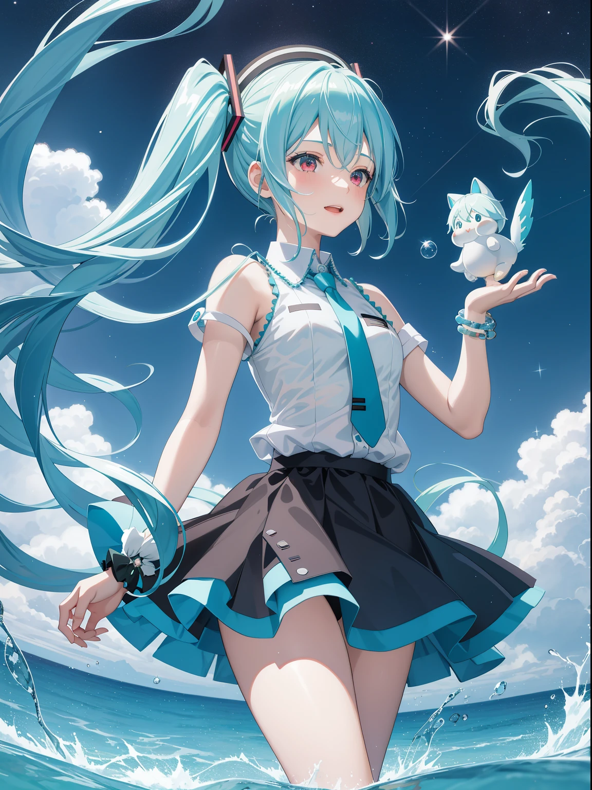 star, Astronomers, 1girl, Cute, Water, They are smiling, Asian, Face seen from the side, fish, Orion, running water, divine, gray hair, Dutchangle_angle, Looking up_down, Thick_thighs thighs thighs thighs thighs, short hair, parted bangs , collected hair, whaite hair, Daoyagao, red eyes, bracelet, Vests, spark of light, Beautiful and detailed bubbles, deep water background, Anime girl with long blue hair and a white shirt and black skirt, Hatsune Miku, Portrait of Hatsune Miku, Hatsune Miku Short hair, vocaloid, Hatsune Miku portrait, Friends, Mikudayao, Anime girl with teal hair, Hatsune Miku cosplay, Hatsune Miku face, anime4K style, An anime girl, Attractive anime girls