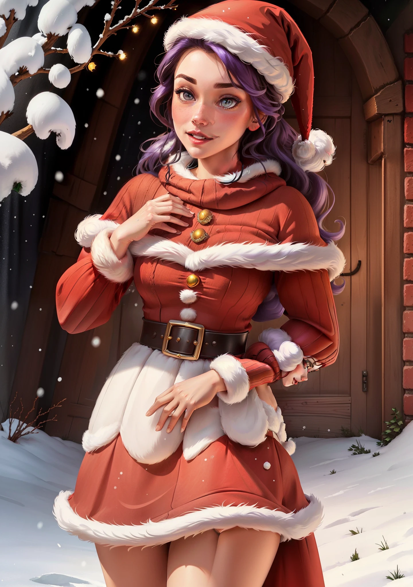 (BellaWaifu:1), (El sombrero rojo de Papá Noel:1.5), nieve en el fondo, sorprendido, lindo, lindo pose, (posando sexualmente:1) mirando al espectador, (peinado cuadrado), (cabello purpura), (falda roja:1.2), (suéter morado y esponjoso sobre el cuerpo desnudo:1.2), :d, (Realista: 1), (Dibujos animados), (obra maestra: 1.2), (mejor calidad), (demasiado detallado), (8K, 4k, Intrincado), (plano completo: 1), (tiro de vaquero: 1.2), (85 milímetros), partículas de luz, Encendiendo, (Muy detallado: 1.2), (cara detallada: 1.2), (gradientes), SFW, Vistoso, (ojos detallados: 1.2), (paisaje invernal detallado, árboles de nieve, jardín, castillo:1.2),(antecedentes detallados), paisaje detallado, (ángulo dinámico:1.2), (pose dinámica:1.2), (regla tercera_composición:1.3), (Línea de acción:1.2), vista amplia, luz, solo,