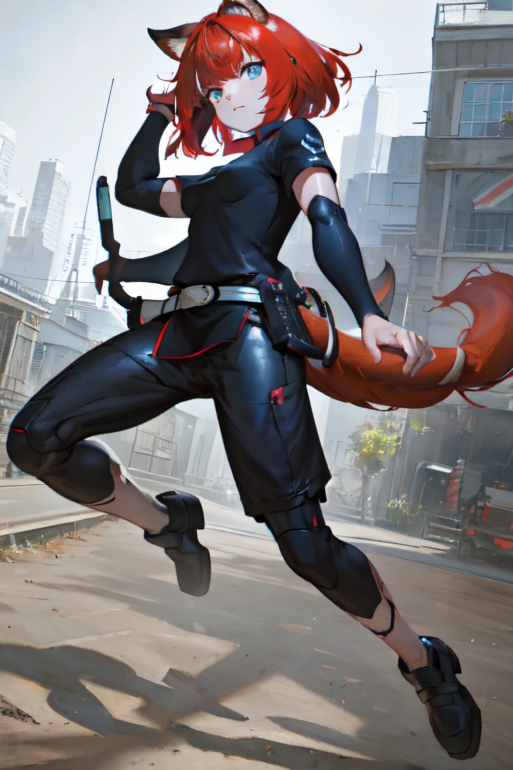 Masterpiece, intricate, anime style, full body, 1girl, rakkun, racoon girl, racoon ears, 1tail, fluffy tail, racoon tail, brown and light brown ringed tail, red and blue eyes blurred, short hair, red inner hair, brown hair, a strand of hair on the left side, red hair strips, short black shirt uncovered on the shoulders and with a black mesh with black borders up to the collar, polo shirt, short black skitr whit dark red checkered, black belt around the waist, looking at viewer, best quality, 4k,highres, professional art, professional drawing, professional lineart, outlined markers