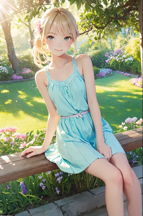 (lovely,beautiful) girl,sitting on a bench,looking straight at camera,ponytail on the side,(bright sunshine:1.2),(pastel colors,...