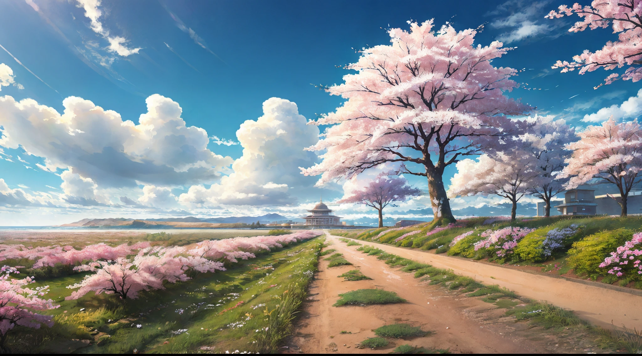 This picture depicts a city with many cherry trees, cherry trees, and lush cherry trees. The bustling tech architecture is beyond imagination. Cherry blossom trees are blooming in the sci-fi building in the distance. Pink cherry blossoms are blooming everywhere. The surreal clouds, the breathtaking clouds, the few passers-by, and the details of the characters are all clear at a glance. Inspired by Makoto Shinkai's popular conceptual art and masterpiece on pixiv, farsightedness (wide-angle lens), ultra-high resolution (realism: 1.4), ultra-high resolution (photo impression: 1.48), ultra-high quality, extremely detailed CG Unity 8k wallpapers, aesthetics, award-winning photography, realism, high detail, intricate, exquisite animated scenes, and anime-style cityscapes. The art of traveling