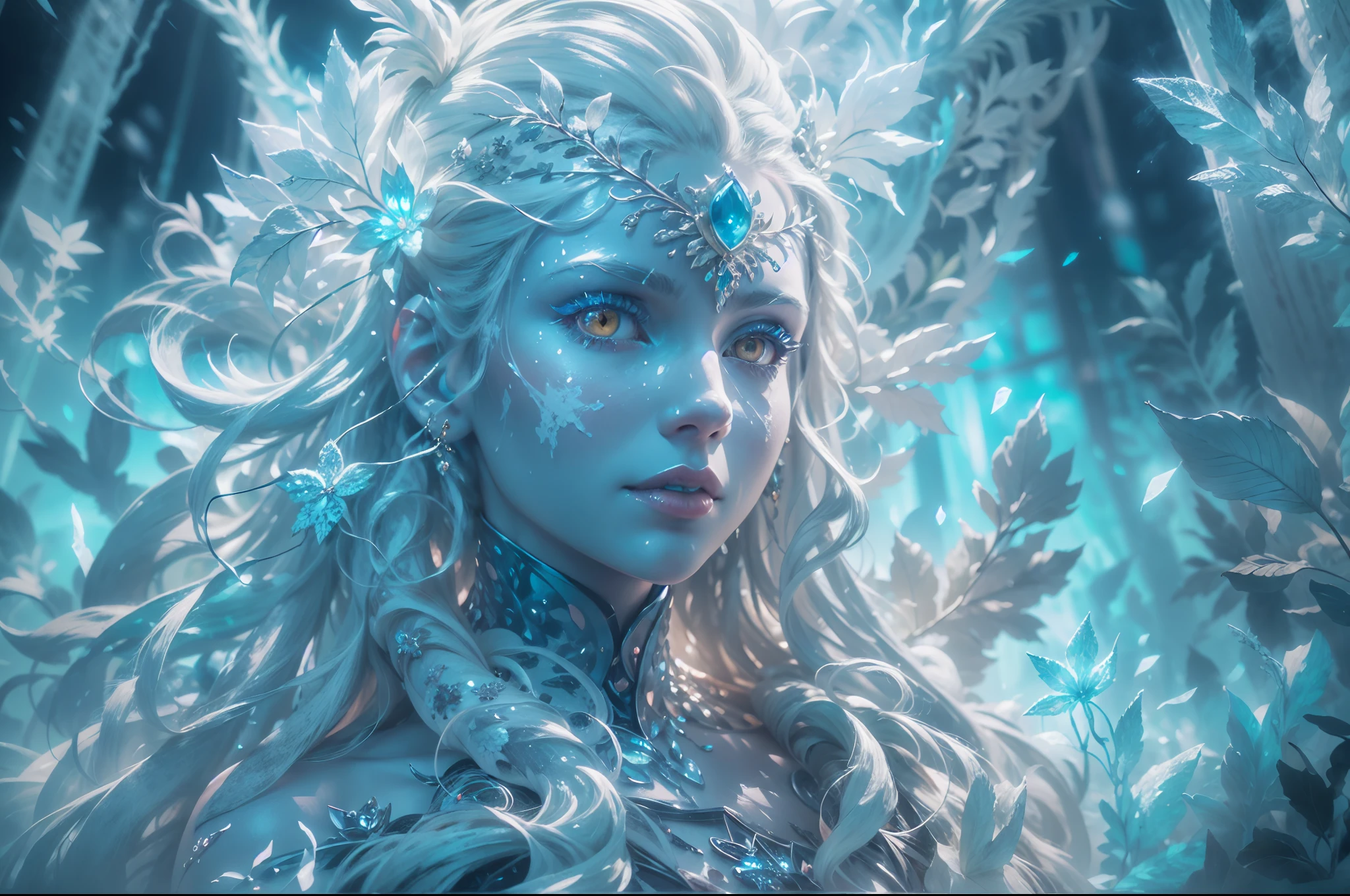 (a vibrant,cool,surreal)ice girl 3d sculpture, detailed and lifelike(the girl with long flowing silver hair and bright glowing eyes) with(details include)beautifully carved ice crystals on her gown and a (intricate)staff made of ice(carrying intricate ice engravings) emitting a soft glow. The sculpture is surrounded by a thick mist of cool smoke(creating an ethereal atmosphere), and the background depicts a snowy landscape with(icy trees and sparkling frozen flowers) adding to the magic. The entire scene is captured in a realistic detailed shot(allowing the viewer to appreciate every intricacy of the sculpture) with(24K resolution and vivid, vibrant colors). This artwork is of the best quality, deserving to be part of any masterpiece collection and a true award-winning artwork.