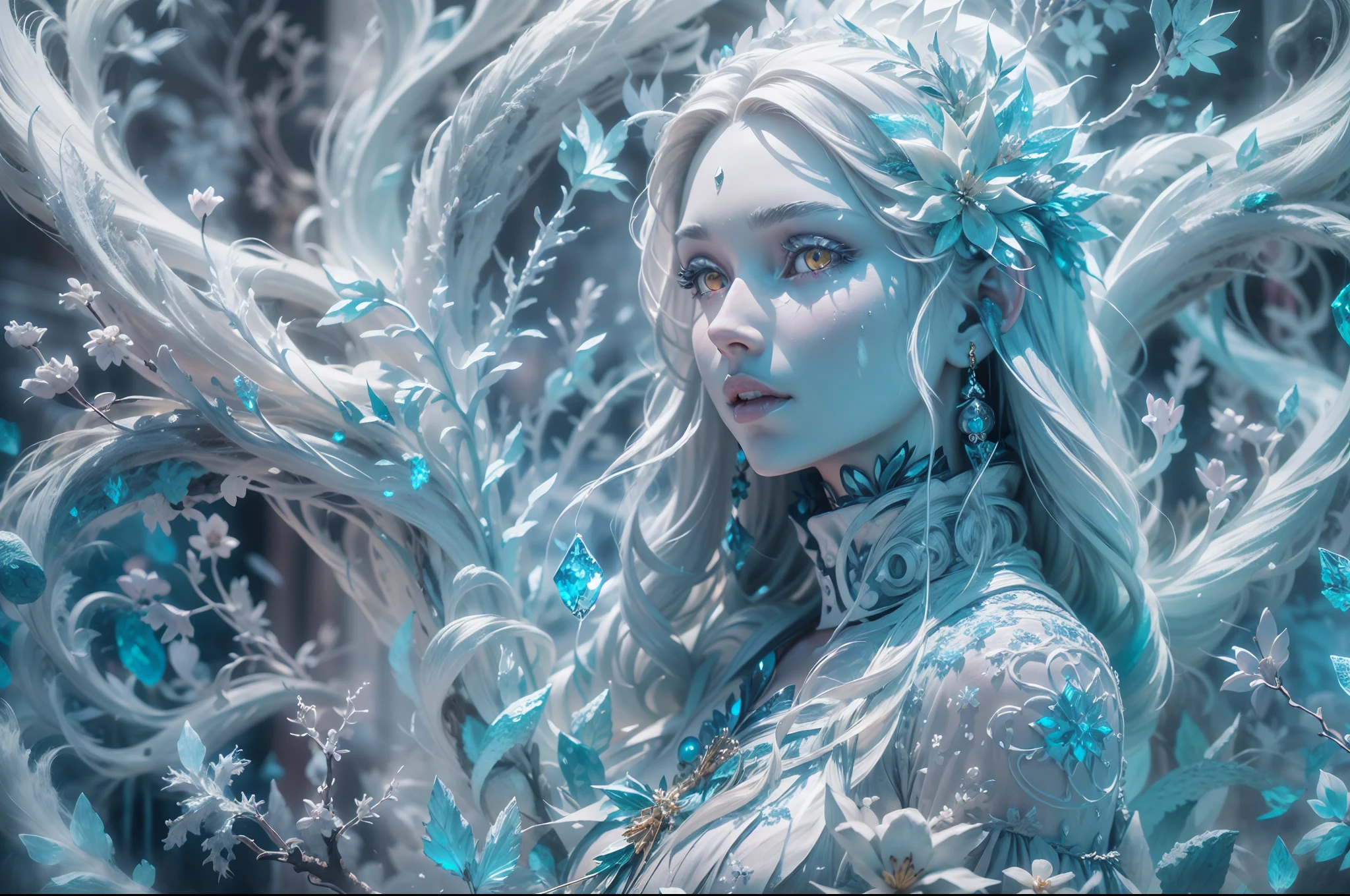 (a vibrant,cool,surreal)ice girl 3d sculpture, detailed and lifelike(the girl with long flowing silver hair and bright glowing eyes) with(details include)beautifully carved ice crystals on her gown and a (intricate)staff made of ice(carrying intricate ice engravings) emitting a soft glow. The sculpture is surrounded by a thick mist of cool smoke(creating an ethereal atmosphere), and the background depicts a snowy landscape with(icy trees and sparkling frozen flowers) adding to the magic. The entire scene is captured in a realistic detailed shot(allowing the viewer to appreciate every intricacy of the sculpture) with(24K resolution and vivid, vibrant colors). This artwork is of the best quality, deserving to be part of any masterpiece collection and a true award-winning artwork.