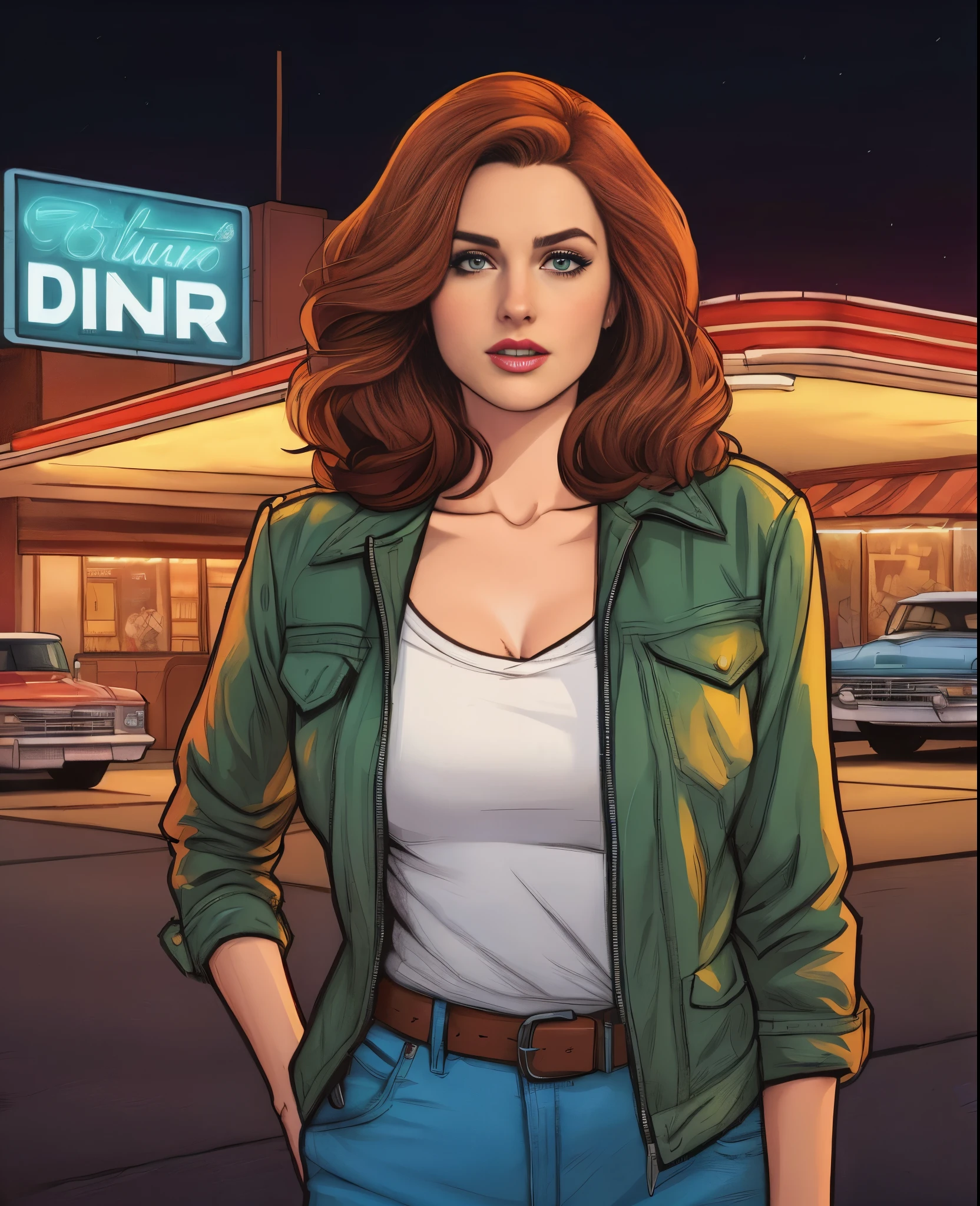 A woman in a green jacket standing in front of a diner - SeaArt AI