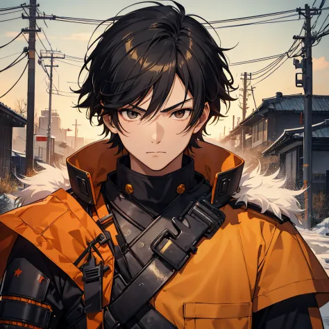 Realistic anime style, from the front, close-up on the face, Man, Japanese, 18 years old, loose medium black hair, no beard, black eyes, samurai armor complete with details in modern military style, armor in yellow and orange colors, serious countenance, i...