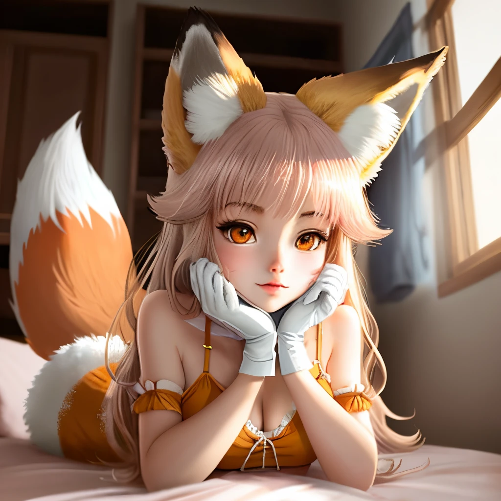 Anime girl with fox ears laying on bed with her hands on her chin - SeaArt  AI