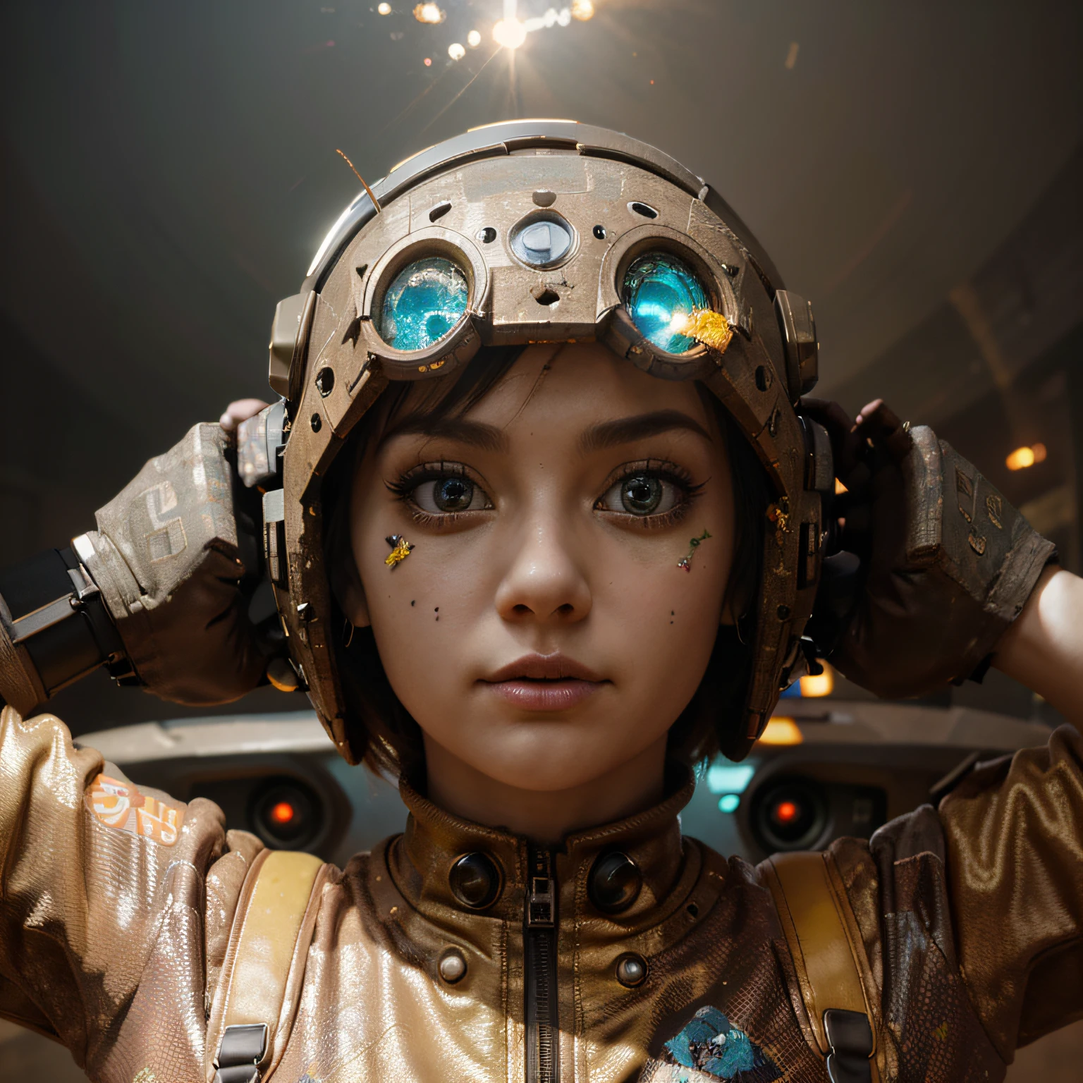 A toon Crazy Only Eye Robot Sexy Girl, tongs in hands, Tv head, pinhead, Yellow Pink Cyan Rusty, Ambient in a meteorite crater super detailed, center, beautiful, soft lighting, focused on the character, 4K resolution, photorealistic rendering,