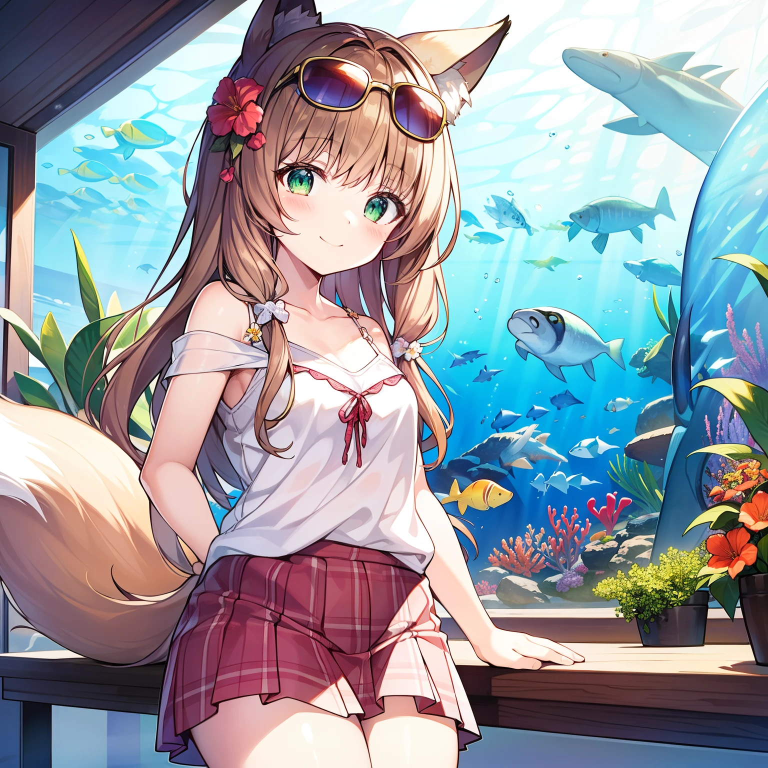 tmasterpiece, Best quality, A high resolution), 1 plump girl, Alone, Oversized fox tail，Long brown hair，Green-eyed，Small flower headdress, (13-year-old junior high school student)，modernn architecture，A MILF, medium distance，Enchanted smile，Casual summer clothing_Put sunglasses on your head，Inside the aquarium_See the marine life，