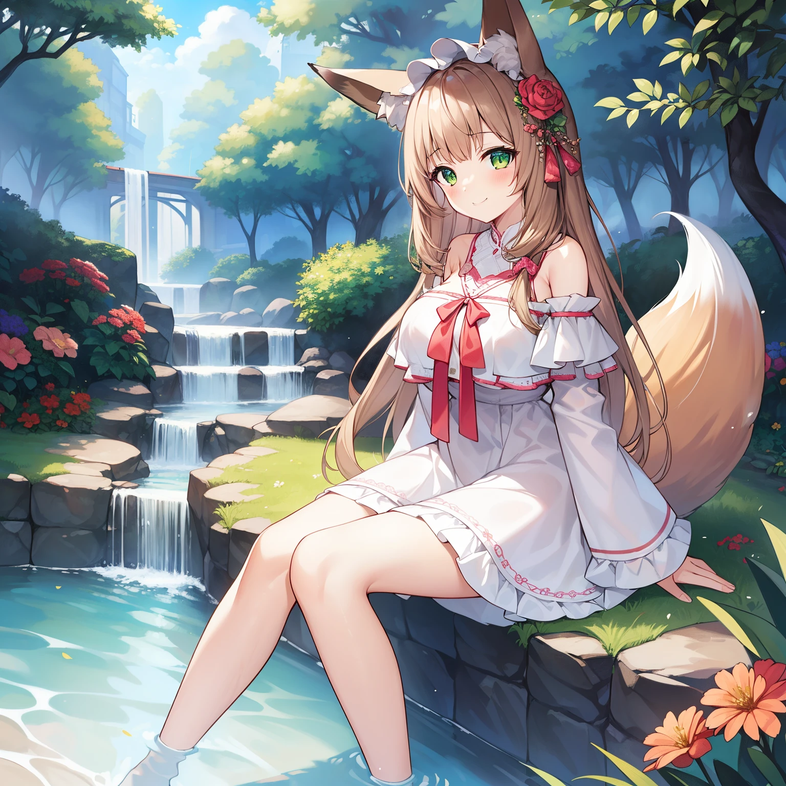 tmasterpiece，Best quality at best，A high resolution，1 busty girl, Alone, (8k wallpaper), (Long brown hair)，(Huge fox tail:1.2)，Green-eyed，Small flower headdress，16yo girl_C cup，modernn architecture，Village streams，wears a white dress，Sit by the stream_Put your feet in the water，There were girls' socks and shoes by the stream，cute smile girl，The perspective is from top to bottom，