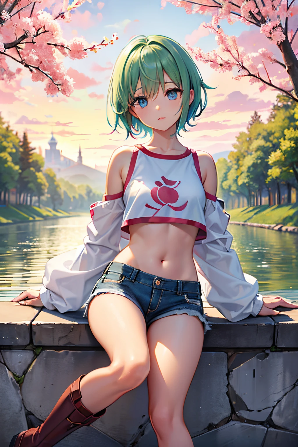 Colorful auspiCious Clouds, Sakura, Blatt, Baum, waterfall, aCorn, Boden, verschwommen_Vordergrund, 1 Mädchen, Tag, Malerei, Tiefe_von_Feld, verschwommen, (beste Qualität), ((masterpieCe)), Cute anime girl, grüne Haare, Kurzes Haar, rotes T-Shirt, Cutout above navel, blaue Jeansshorts, blaCk boots, Wald, C(lean detailed faCes), analogous Colors, schöner Farbverlauf, Clean image, gute Qualität, Hohe Detailliertheit, hochauflösend, Cute faCe, 4K-Auflösung, Ganzkörper, ultra sharp foCus, Extrem detailliert eyes, blaue Augen, detailed symmetriC realistiC faCe, Extrem detailliert natural texture, perfeCtly Centered medium, nikon d850 film stoCk photograph, kodak portra 400 Camera f1.6 lens, Extrem detailliert, Toll, Feines Detail, riCh Colors, Ein Körper, fully Clothed, faCe, Kopf im Rahmen, Körper im Rahmen, gute Proportionen