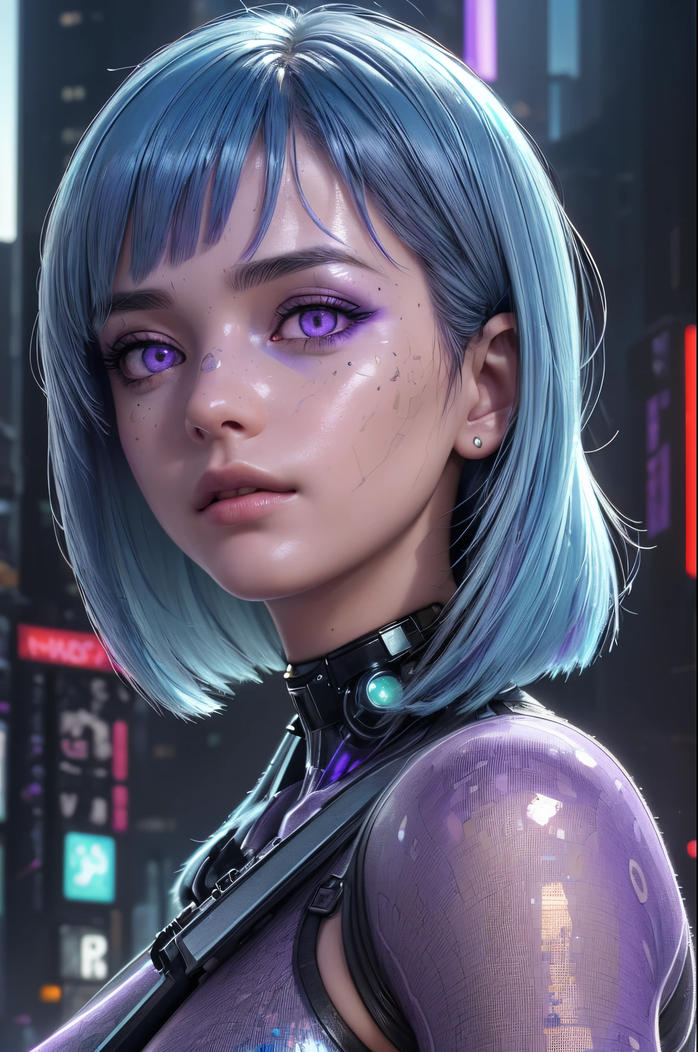 Highly detailed, ultra detailed, best quality, highest quality, hyper detailed, highly detailed background, photorealistic, masterpiece, (detailed CGI 32k:1.3), detailed realistic skin, stunning and gorgeous, (holographic girl), (against the backdrop of a cyberpunk city:1.2), (transparent body:1.3), huge massive breasts, show off clothes, full body, (dim lighting:1.2), (detailed hair:1.3), (bob haircut:1.2), (blue hair:1.3), (centered), (highly detailed:1.4), (purple eyes:1.3), (detailed face and eyes:1.4).