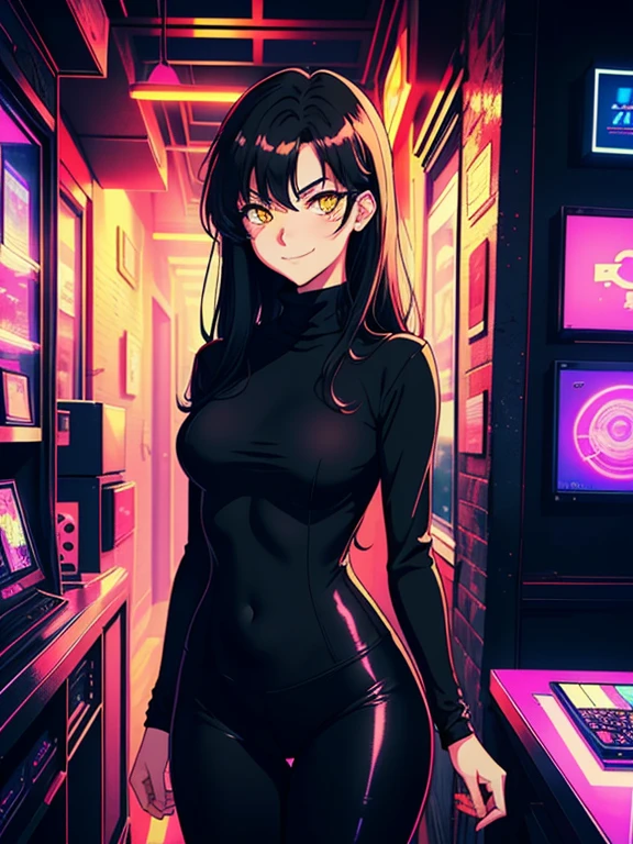 (1 girl), (best quality, high-res, ultra-detailed, anime style, pastel, warm lighting, red lights), ((long black hair, yellow eyes, looking at viewer, smug eyes, slightly smiling)), (vaporwave room, vaporwave aesthetic), black turtleneck, black leggings, sexy shot