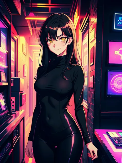 (1 girl), (best quality, high-res, ultra-detailed, anime style, pastel, warm lighting, red lights), ((long black hair, yellow ey...