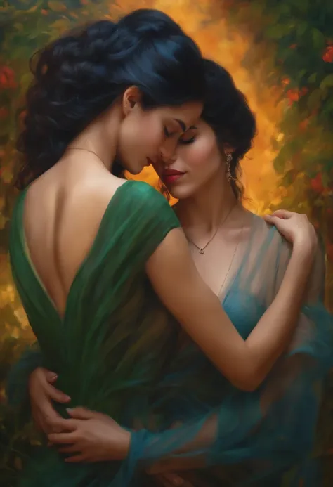 Two women in green dresses hugging each other in front of a sunset - SeaArt  AI