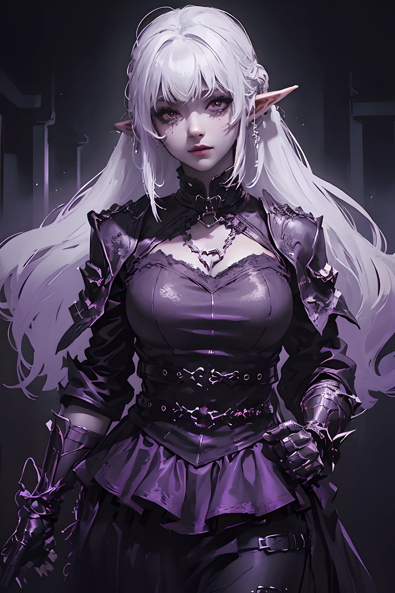 (dark fantasy:1.3), (black and purple theme:1.3), (dark theme:1.3), (in the dark:1.3), (1dark elf:1.3), solo, portrait of extremely pretty and cool beauty female dark elf, wearing a dark gothic dress, in front of Japanese Temple Torii, Torii, ruined temple, dark forest, magic, fantasy, fog, smog, steam, light veil, front view,