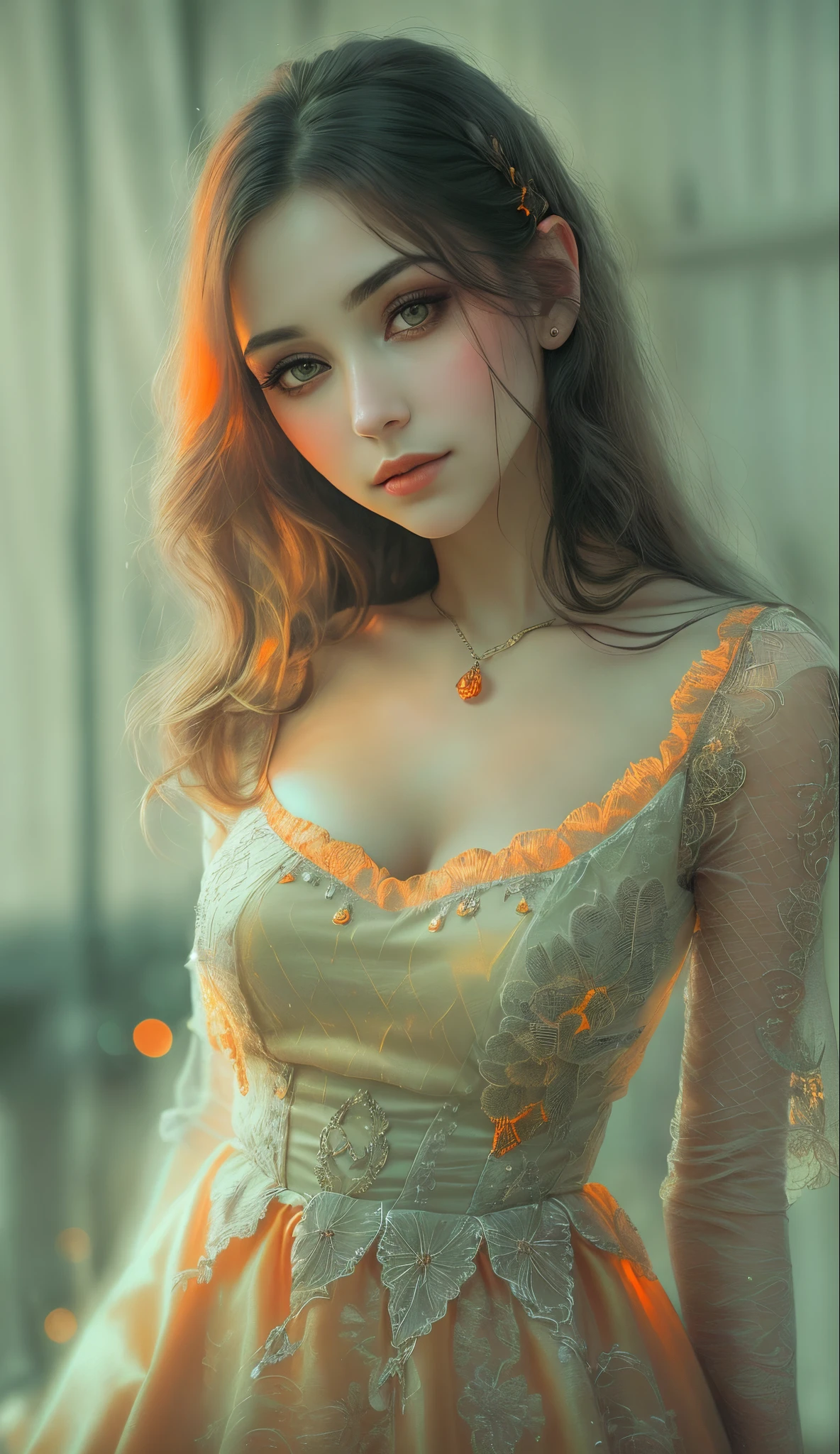 Young woman, fine features, very beautiful, vampire, warm gaze, expression of love, looking sideways, gothic dress, orange eyes, remove three dots top right, (best quality,16k,highres,masterpiece:1.2),ultra-detailed,(realistic,photorealistic,photo-realistic:1.37), HDR, UHD, studio lighting, extreme detail description, professional, vivid colors, bokeh, portraits, orange color palette, atmospheric lighting