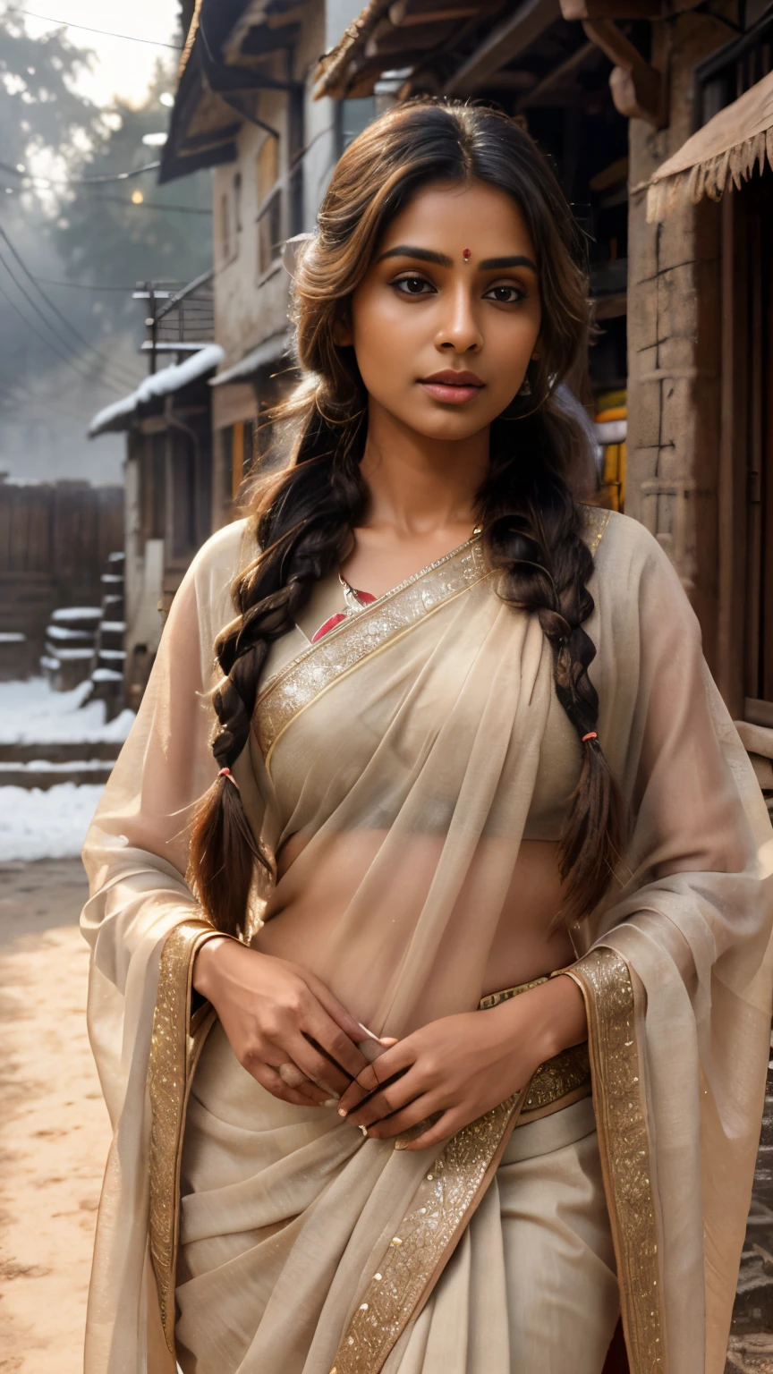 There is a indian light brown woman wearing sari in a village, foggy, cinematic, winter, detailed face, detailed body, symmetric face, detailed background, big eyes, traditional, gorgeous, cute, long braid hair, innocent face, photorealistic, ultra quality, volumetric lighting, god rays, ambient occusion, shadow, masterpiece, 8k