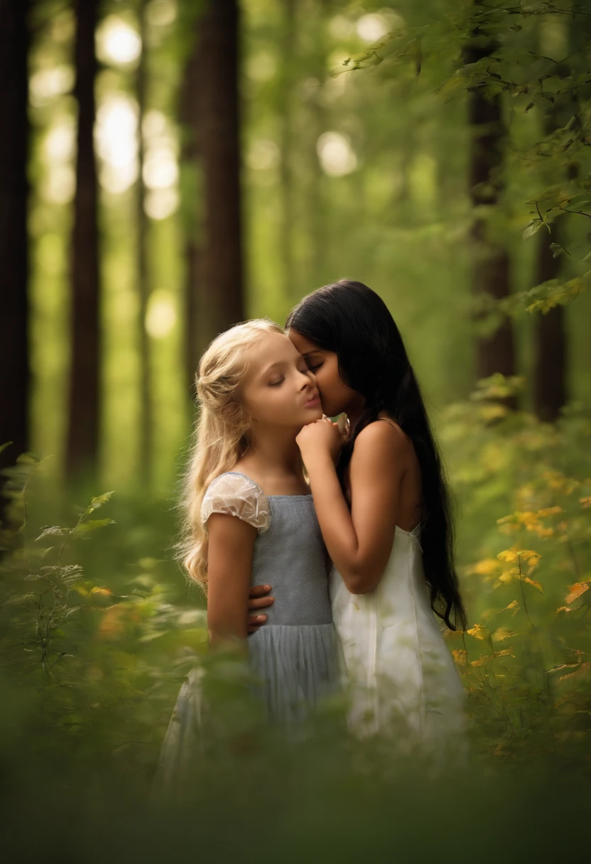 Duas meninas estão se beijando na floresta com árvores ao fundo - SeaArt AI