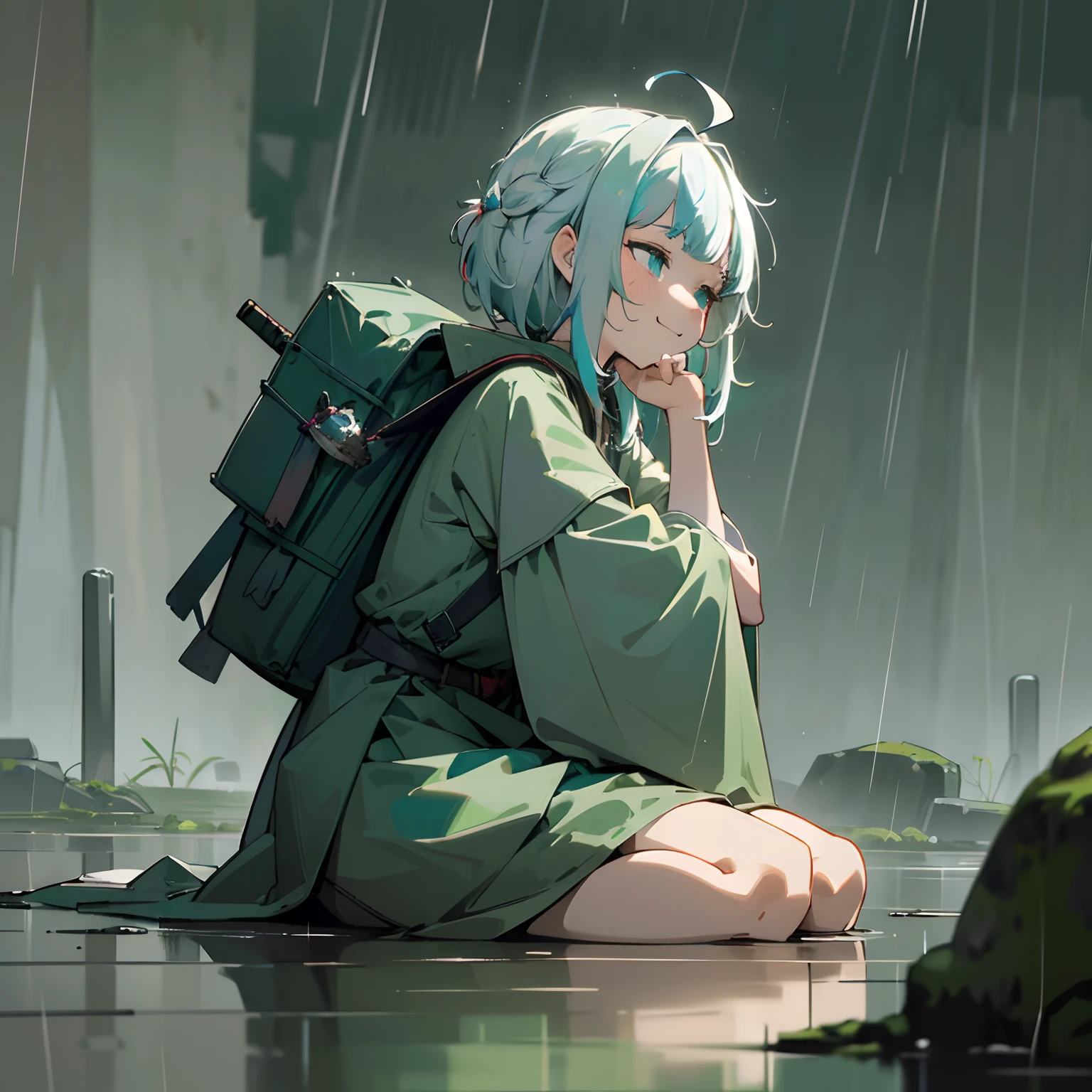 ((Gawr gura)), ((Masterpiece)), (highly saturated), (High Definition:1.3), (Professional Photography:1.2), closeup, from side, (cinematic lighting), ahoge, (flat body), (flat chest), (very smirk), sitting on stone, sad, tired, dirty face, green raincoat, (backpacks), heavy rain, (downpour), ruins, grey, desolate, ((Devastated battlefield))