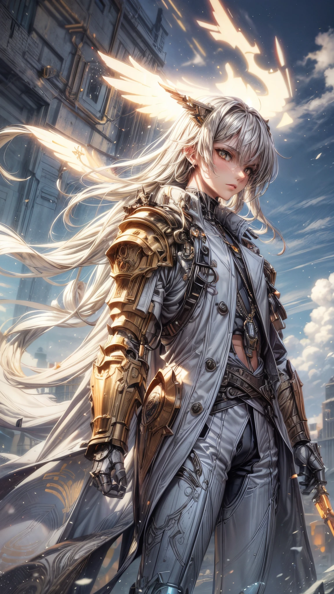 (mid 30&#39;s, masculine male, angular facial structure, flat masculine chest, heavy dieselpunk style, decorated angel marine), beautiful, elegant, (mechanical angel armor), ((bright piercing orange eyes, pure white armor plating, gorgeously engraved art deco armored trench coat)), mechanical angel wings, (androgynous, cybernetic)