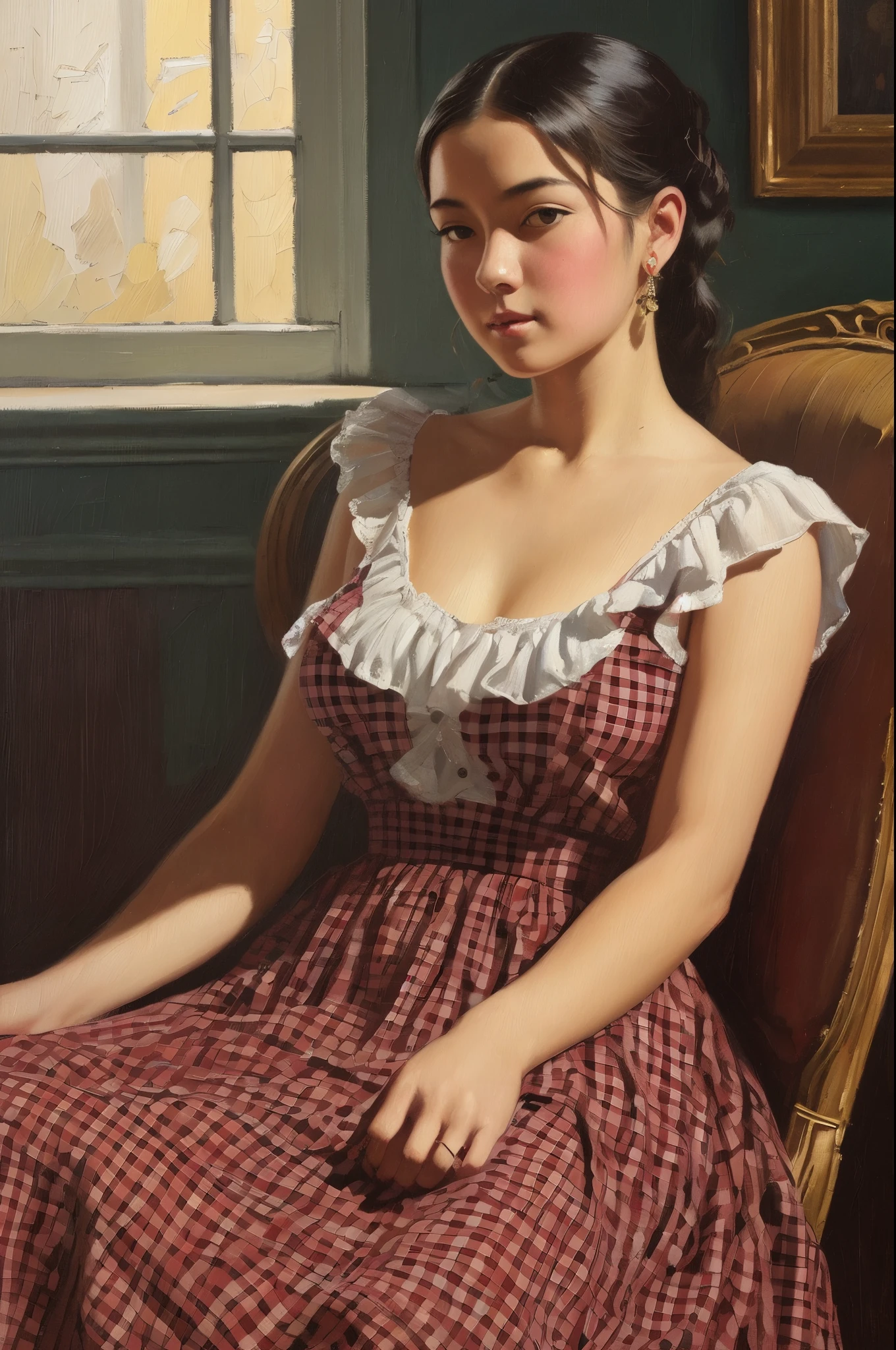 daring girl in a checkered dress (in the style of Tom Lovell), ((fresh oil palette canvas/acrylic)), Intricate, Extreme Detail, Complex key, ((Single Shot)), ((Best Quality)), ((Masterpiece)), ((Realistic)), 8K