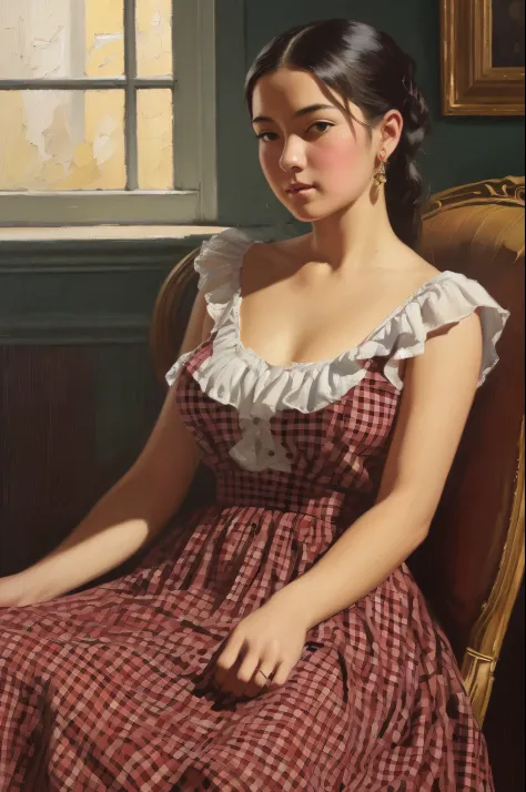 daring girl in a checkered dress (in the style of Tom Lovell), ((fresh oil palette canvas/acrylic)), Intricate, 極端なディテール, Comple...