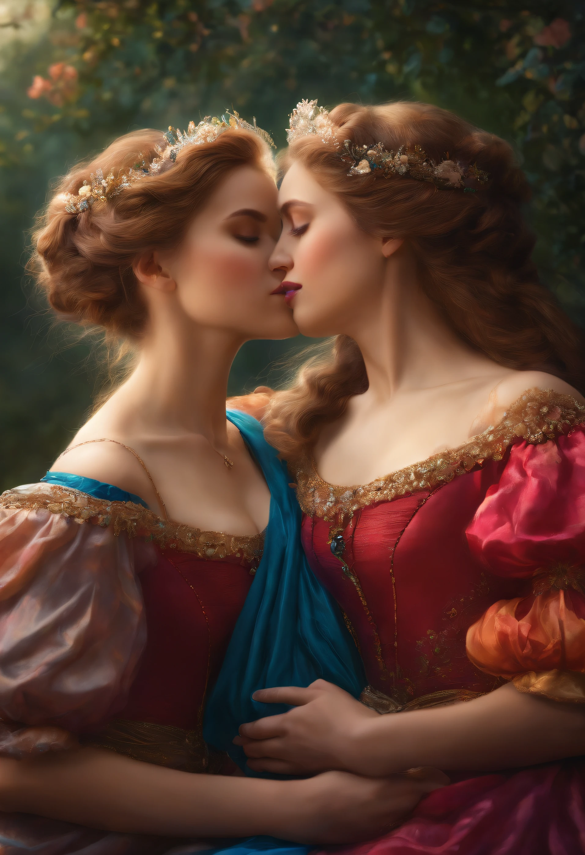 Two women in renaissance dress kissing each other in a painting - SeaArt AI