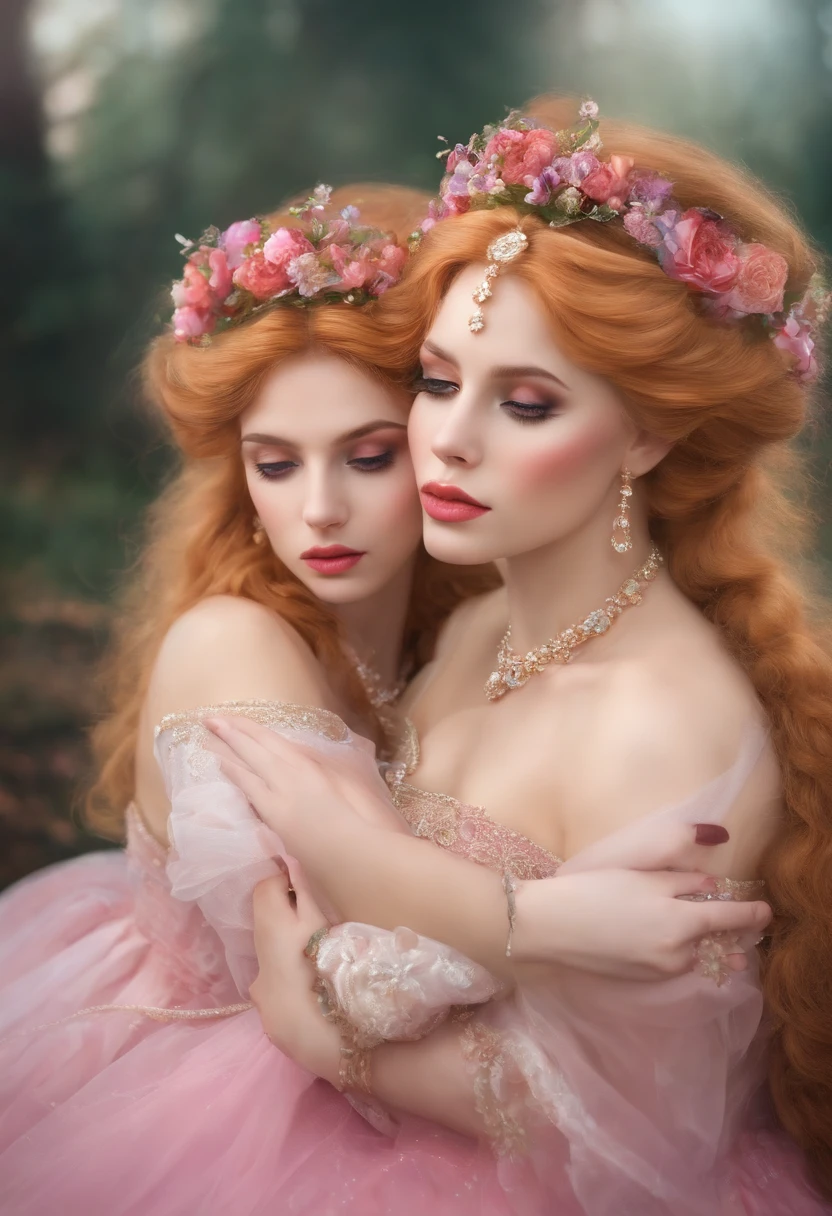 Two beautiful redhead women in pink dresses hugging each other - SeaArt AI