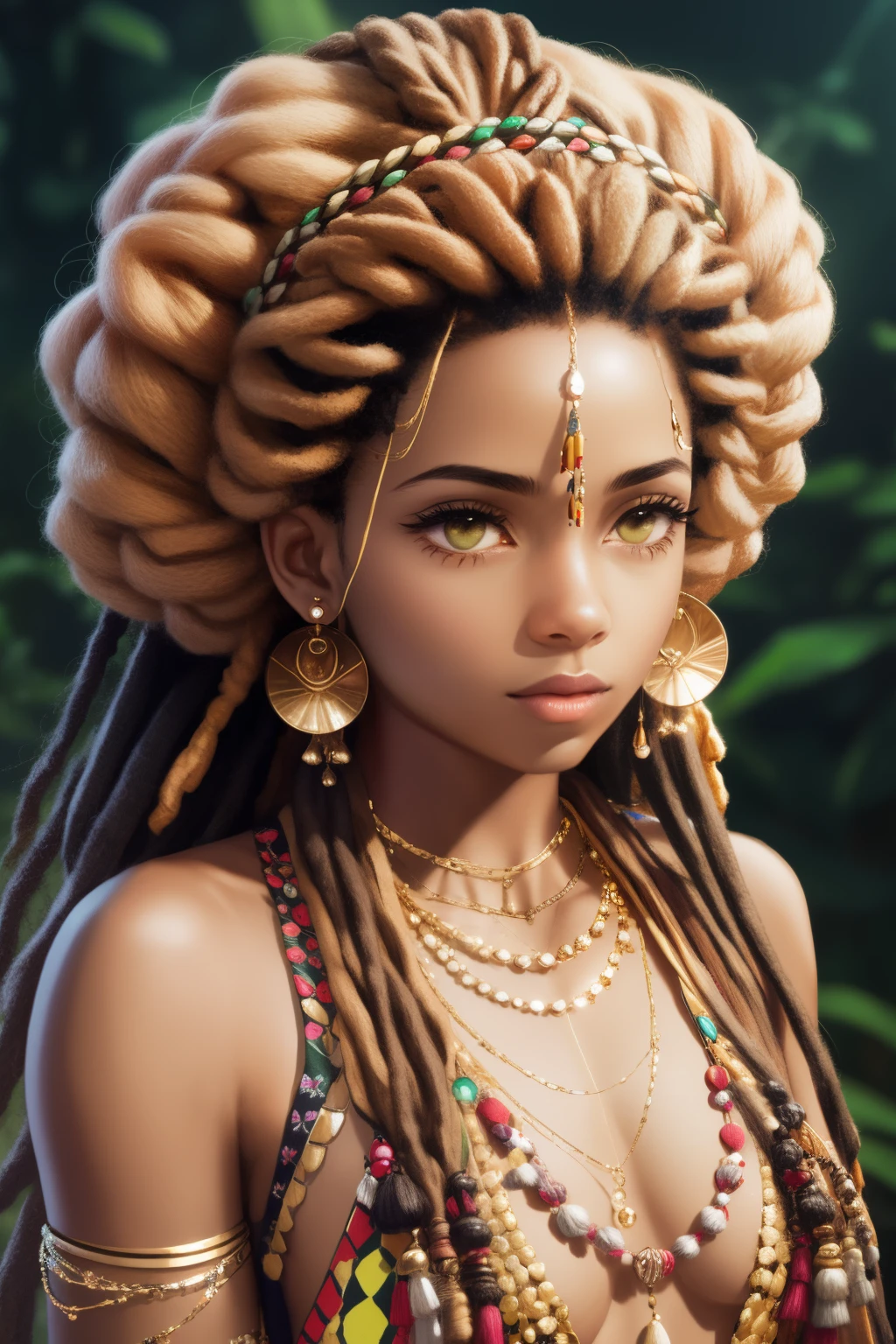 astafari girl with golden Rastafari accessories on dreadlocks, fotografia, soft-lighting, detalhes suaves, octana, Artstation Trend, ultra alto detalhe, Ultra realista, cinemactic, 16k, Imagem com pelo menos 300dpi, fundo preto, lighting to highlight the background figure --auto --s2