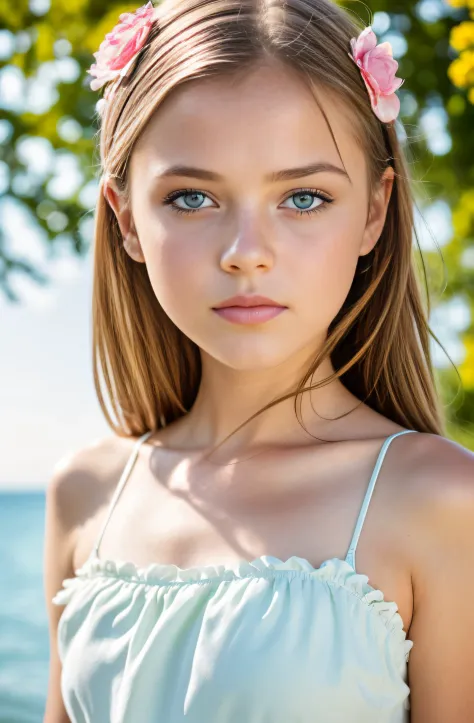 Kristina Pimenova, close-up ethereal girl with soft porcelain, big blue eyes, Orange Summer Dress, cotton candy, model fashion, ...