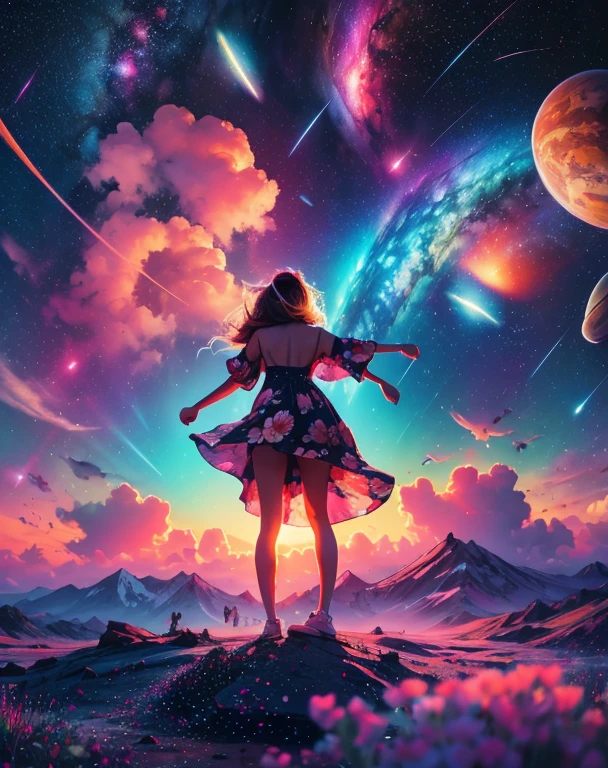 hermoso rostro, Cuerpo hermoso, Chica parada en las nubes mirando las estrellas, estrellas flotando a su alrededor, colores brillantes, Increíbles remolinos de polvo cósmico., colorido vibrante, partículas de luz, Crea obras de arte digitales al estilo Pop Art., Con una joven asiática vibrante y segura de sí misma.，moda callejera (vestido), Esquema de color de la película, Rodeado de motivos florales antiguos., Pinceladas vibrantes,Las emociones deben ser dinámicas., parte superior del cuerpo, Dibujo, ilustración,  Muchas flores,