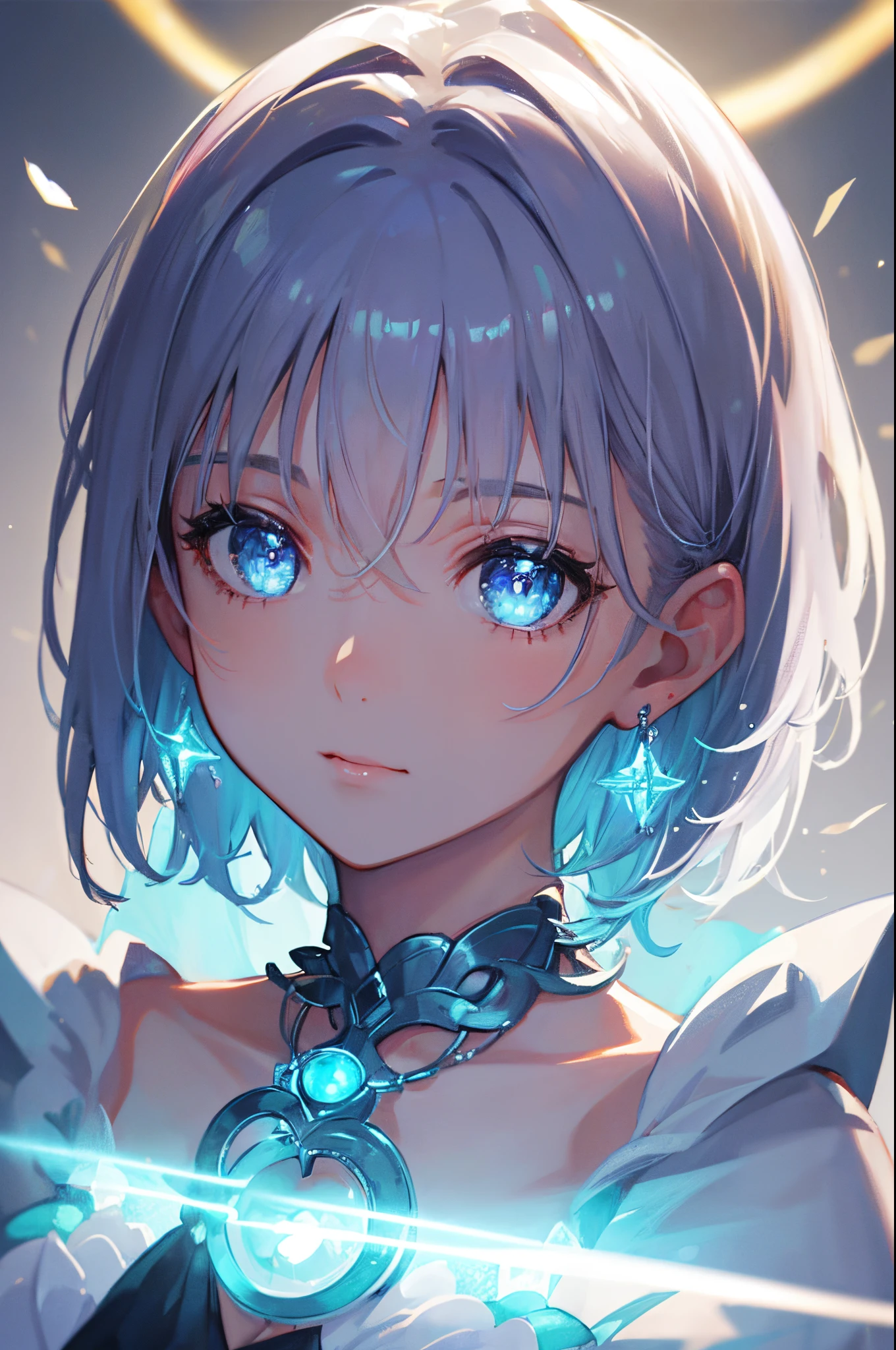 ​masterpiece, top-quality, illustratio, Saxophone Blue, Platinum Earrings, Platinum Necklace, white dres, 1girl, cute little, (Dynamic lighting:1.2), lighting like a movie, delicated facial features, A detailed eye, Sharp pupils, Realistic pupils, depth of fields, bokeh dof, foco nítido, (ultra-detailliert, Bloom, Glow:1.4), Many Small Gems,  (((Short_hair))),