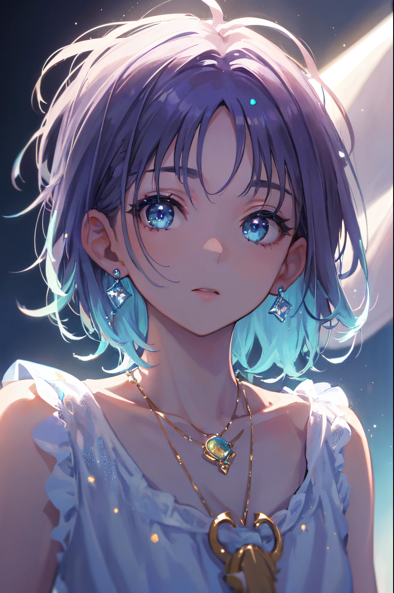 ​masterpiece, top-quality, illustratio, Saxophone Blue, Platinum Earrings, Platinum Necklace, white dres, 1girl, cute little, (Dynamic lighting:1.2), lighting like a movie, delicated facial features, A detailed eye, Sharp pupils, Realistic pupils, depth of fields, bokeh dof, sharp focus, (Ultra-detail, Bloom, Glow:1.4), Many Small Gems, (((Short_hair))),　Toru Asakura、blue hairs、earrings、gradation hair、multi color hair、Parted bangs、Purple hair、The upper part of the body、Extreme close-up view、