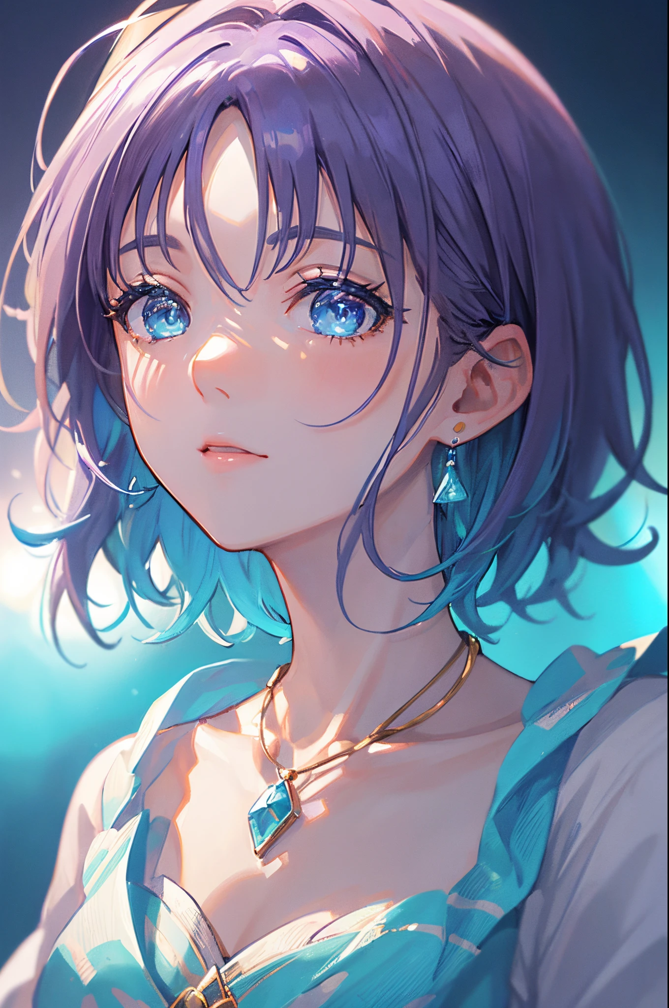 ​masterpiece, top-quality, illustratio, Saxophone Blue, Platinum Earrings, Platinum Necklace, white dres, 1girl, cute little, (Dynamic lighting:1.2), lighting like a movie, delicated facial features, A detailed eye, Sharp pupils, Realistic pupils, depth of fields, bokeh dof, foco nítido, (ultra-detailliert, Bloom, Glow:1.4), Many Small Gems, (((Short_hair))),　Toru Asakura、blue hairs、耳环、gradation hair、multi color hair、Parted bangs、Purple hair、The upper part of the body、Extreme close-up view、